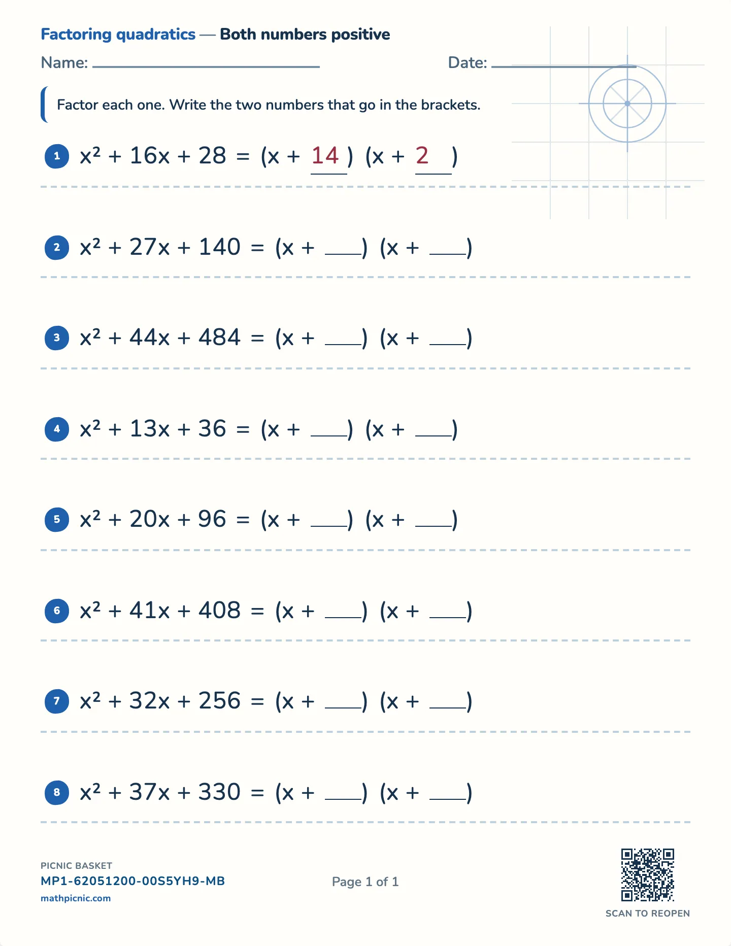 Factoring x² + bx + c worksheet — free printable with answer key