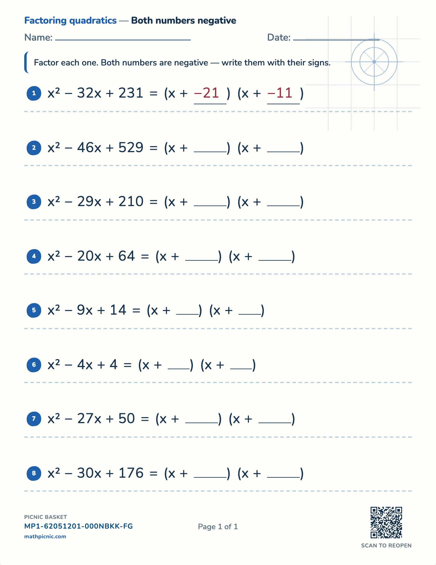 Factoring x² − bx + c worksheet — x² − bx + c, both negative, free printable with answer key