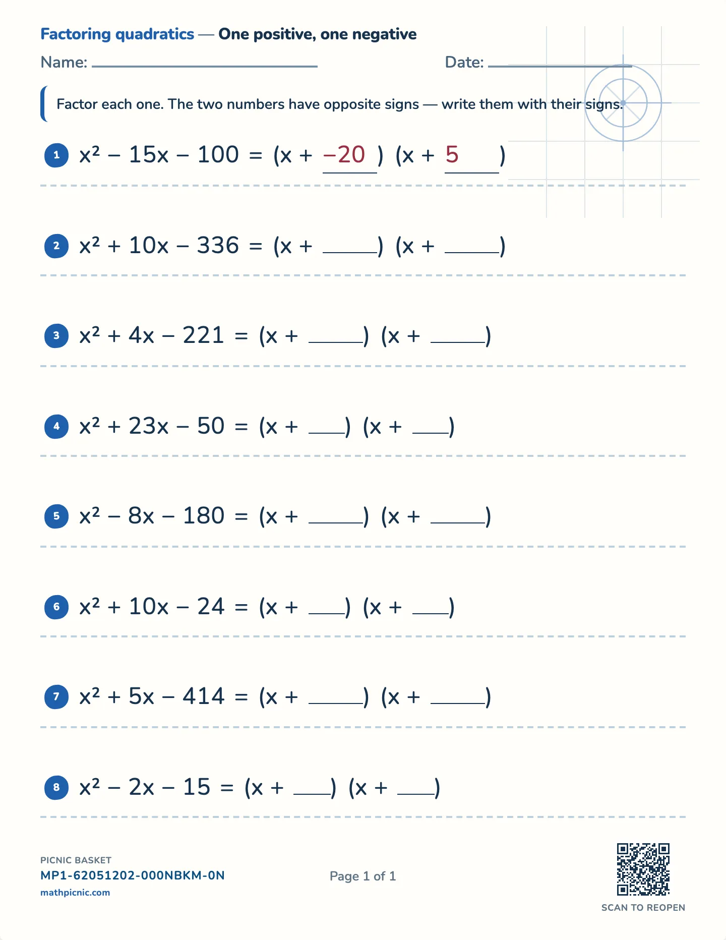 Factoring x² + bx − c worksheet — x² + bx − c, opposite signs, free printable with answer key