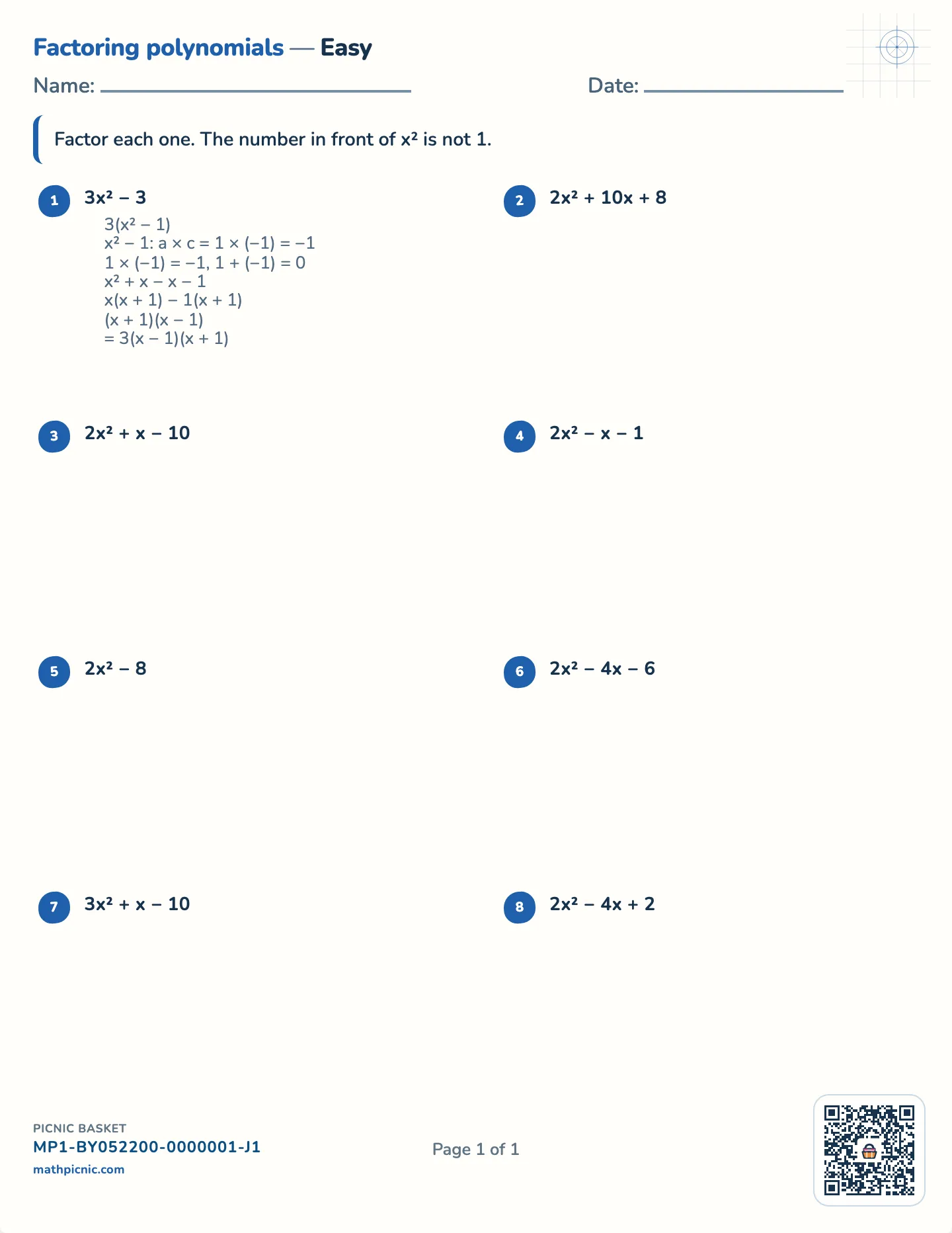 Factoring trinomials with a leading coefficient worksheet — ax² + bx + c, a from 2 to 6, free printable with answer key