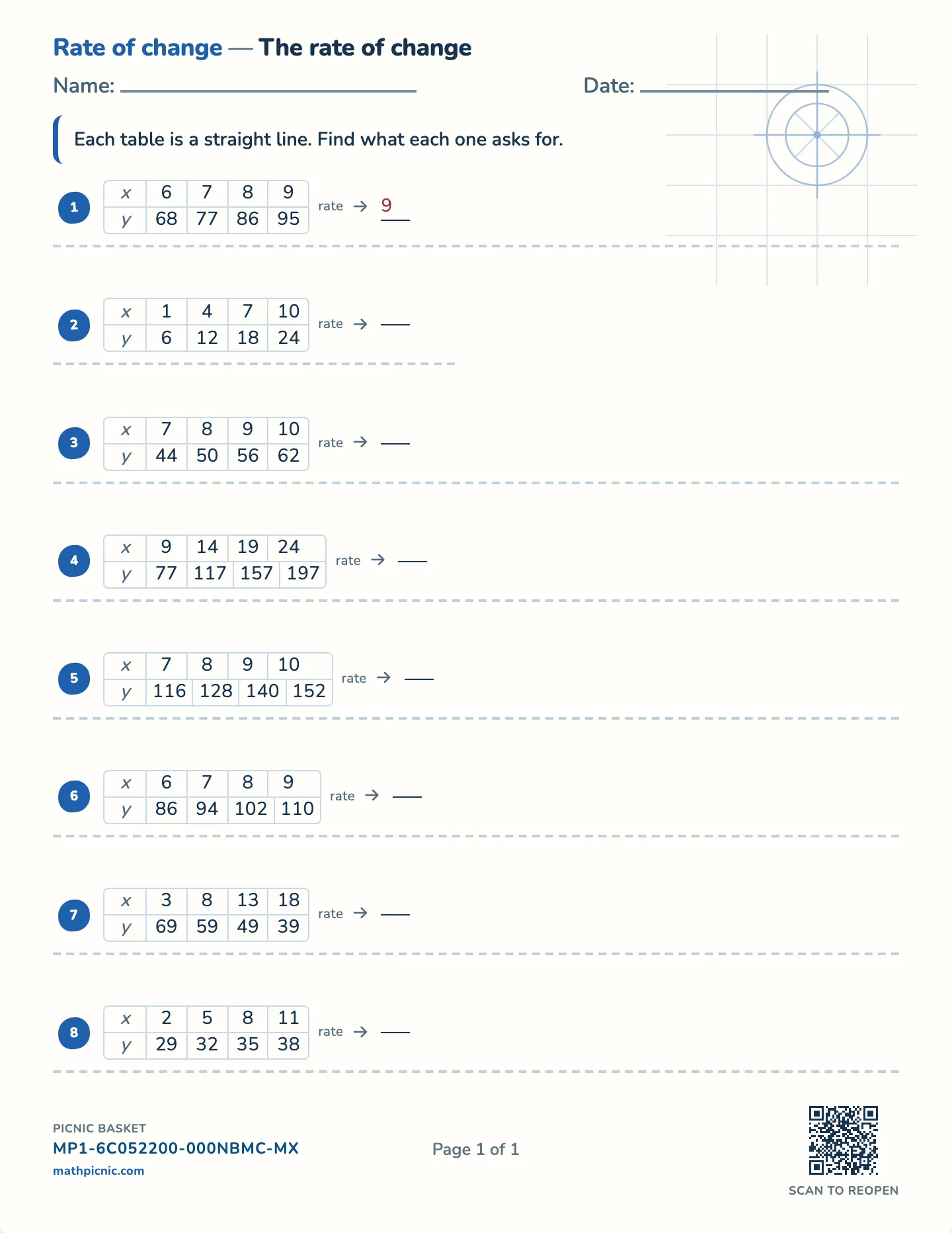 Finding the rate of change worksheet — Tables, x steps vary, free printable with answer key