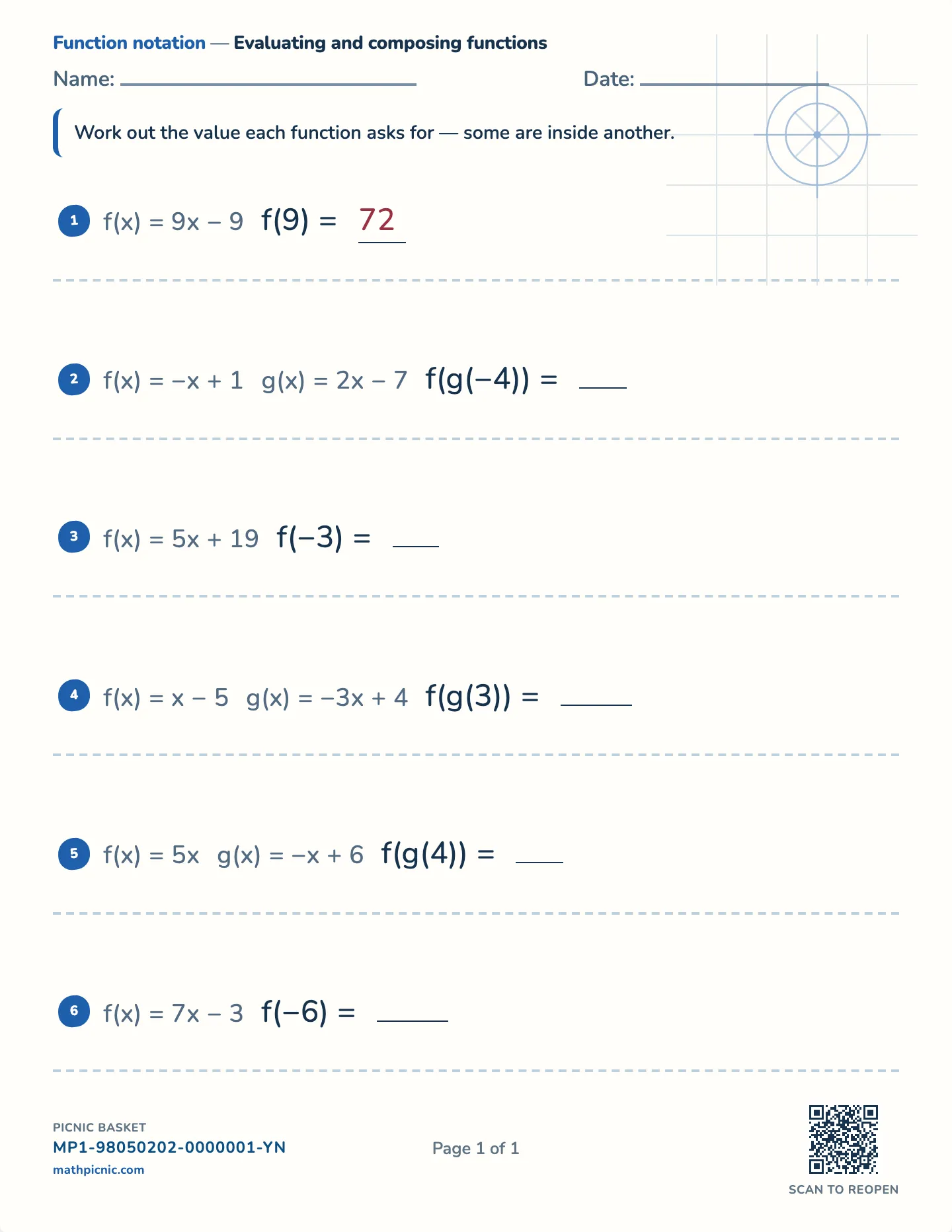 Function notation worksheet — f(x) and f(g(x)), signed, free printable with answer key