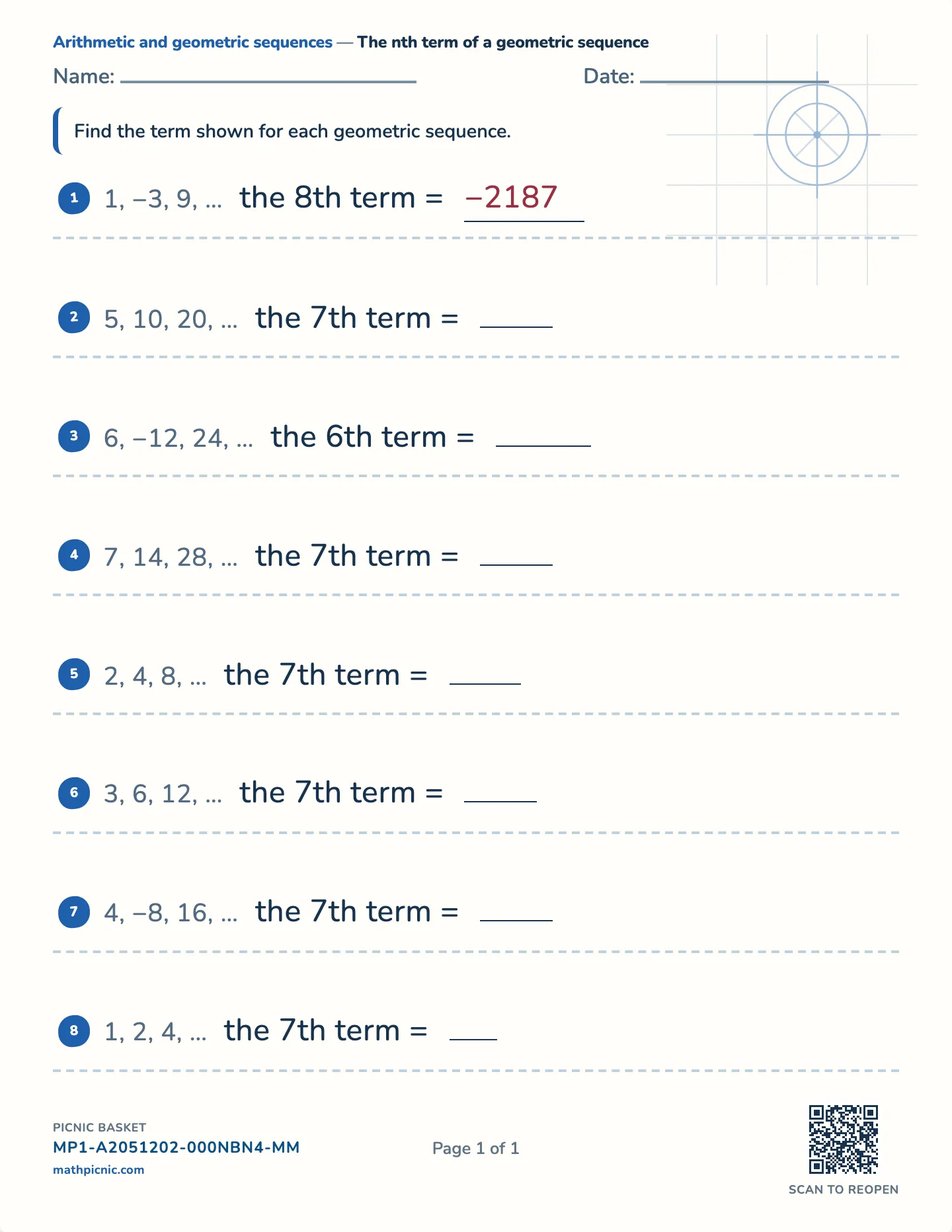 Geometric sequence nth term worksheet — Small base and ratio, free printable with answer key