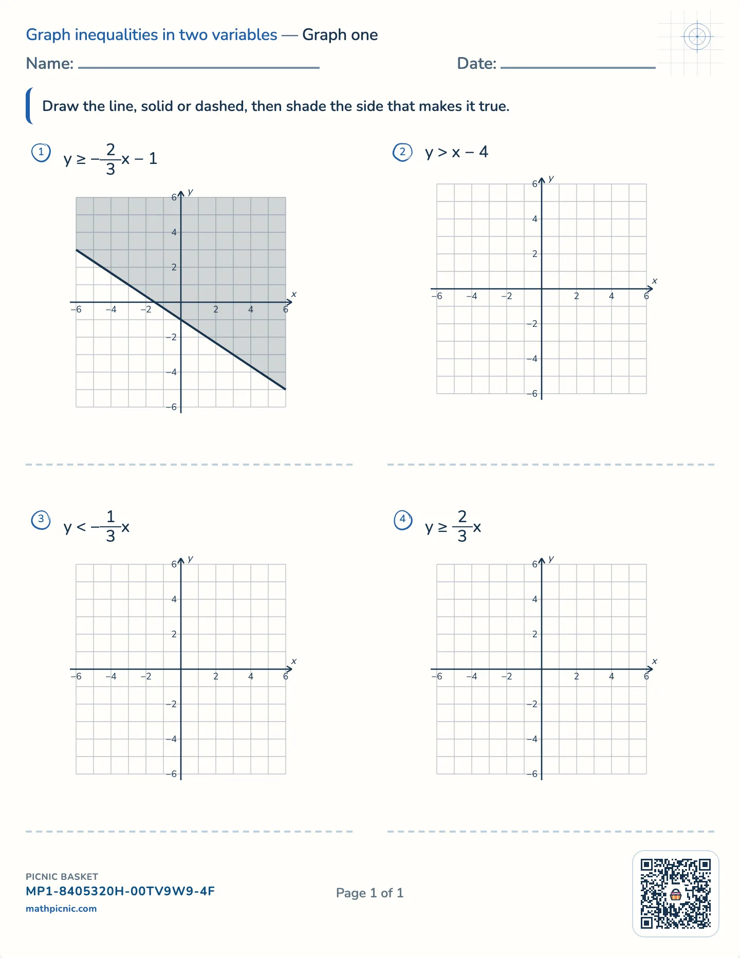 Graphing linear inequalities worksheet — Solid or dashed, then shade, free printable with answer key