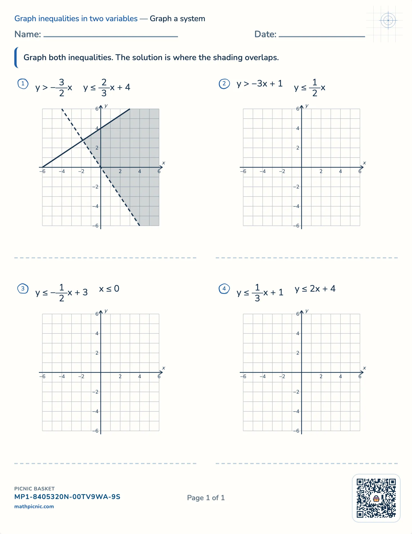 Graphing systems of inequalities worksheet — Two inequalities on one grid, free printable with answer key