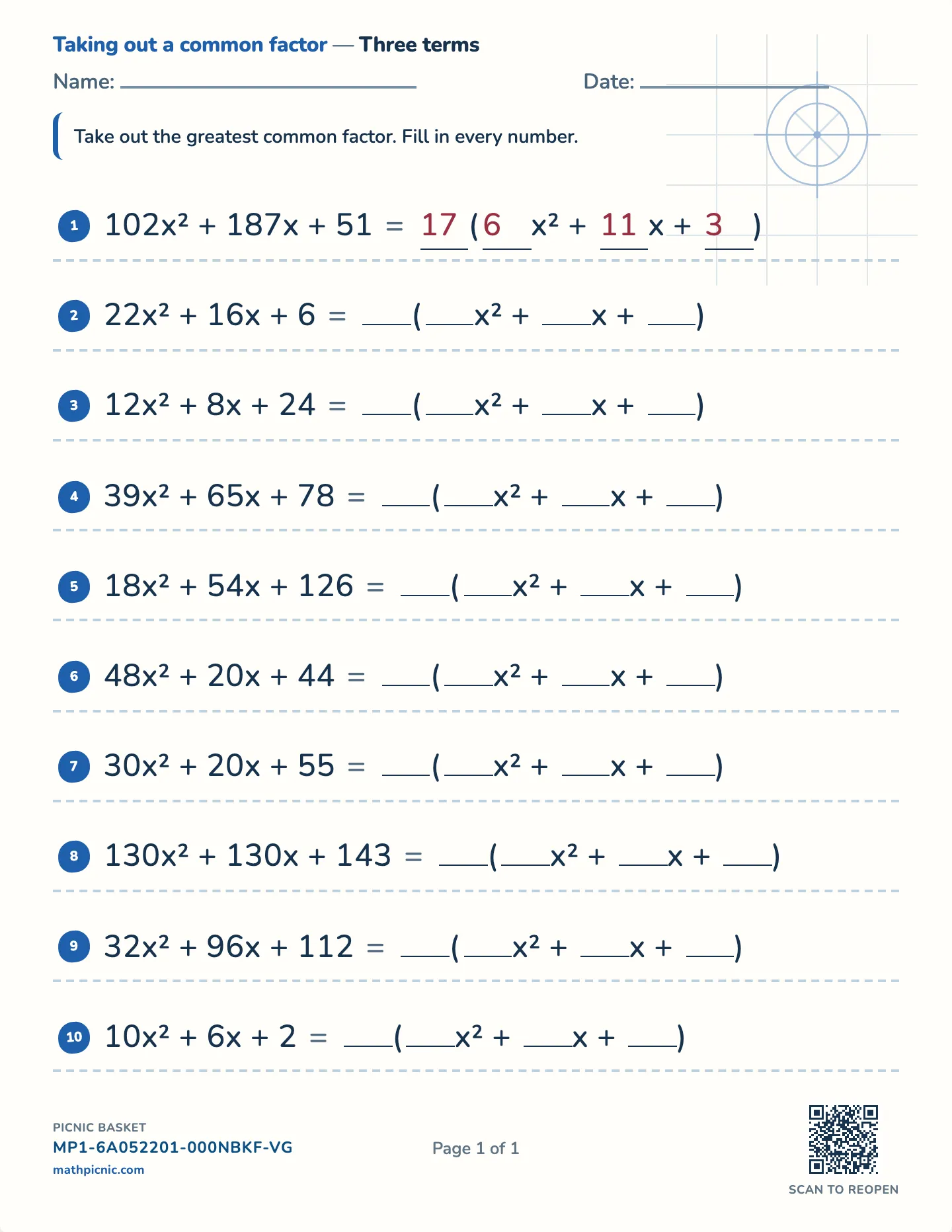 Common factor of three terms worksheet — Three terms, free printable with answer key