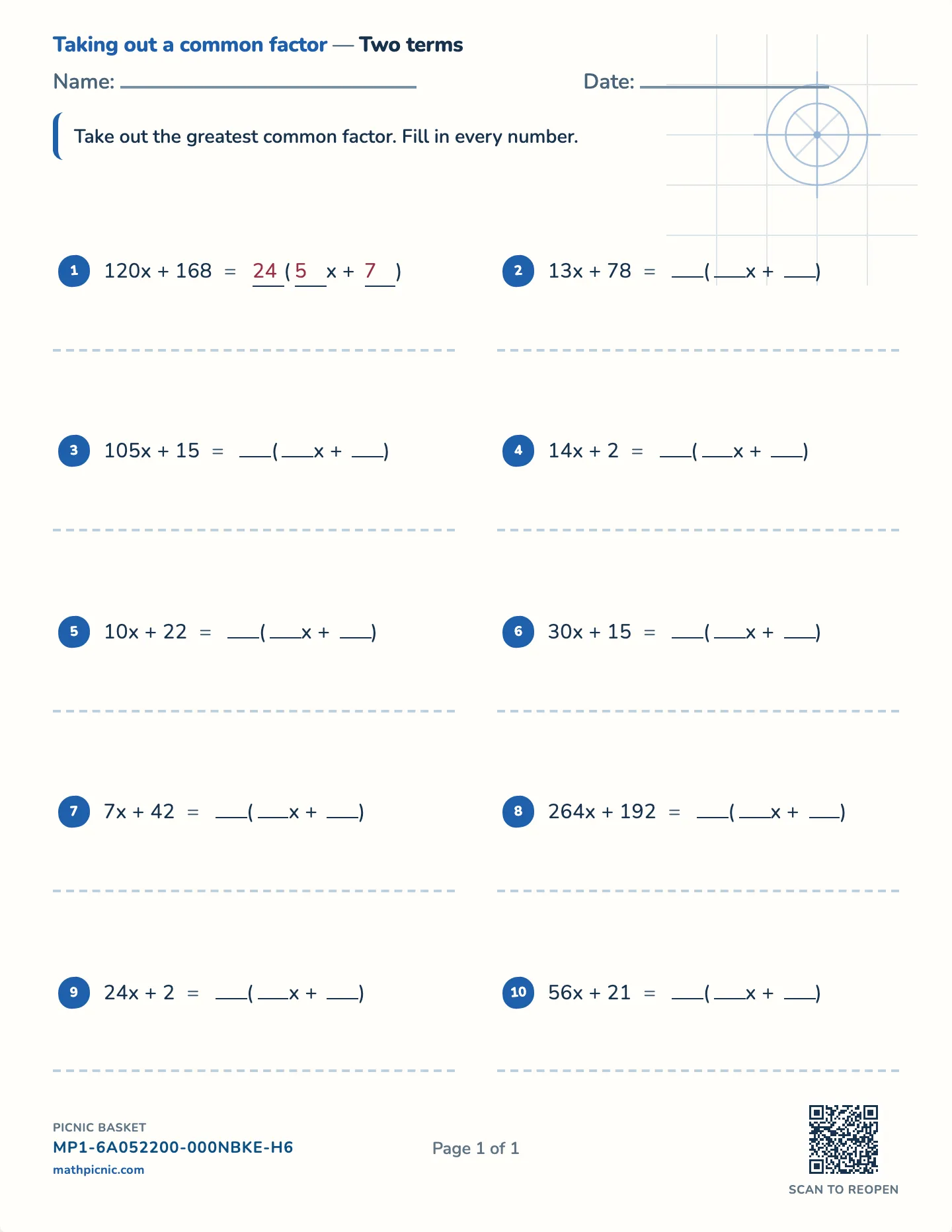 Common factor of two terms worksheet — Two terms, free printable with answer key