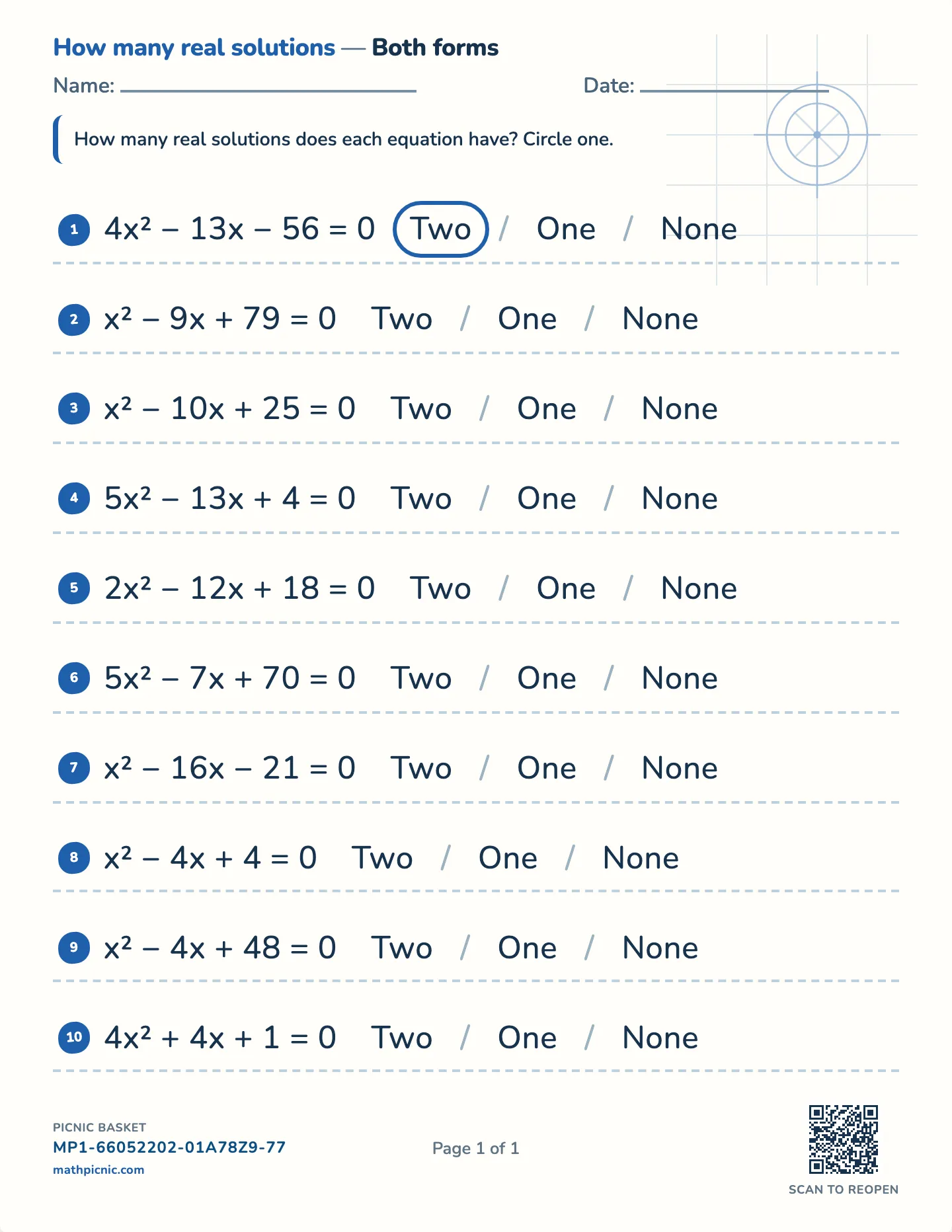 How many real solutions? worksheet — free printable with answer key