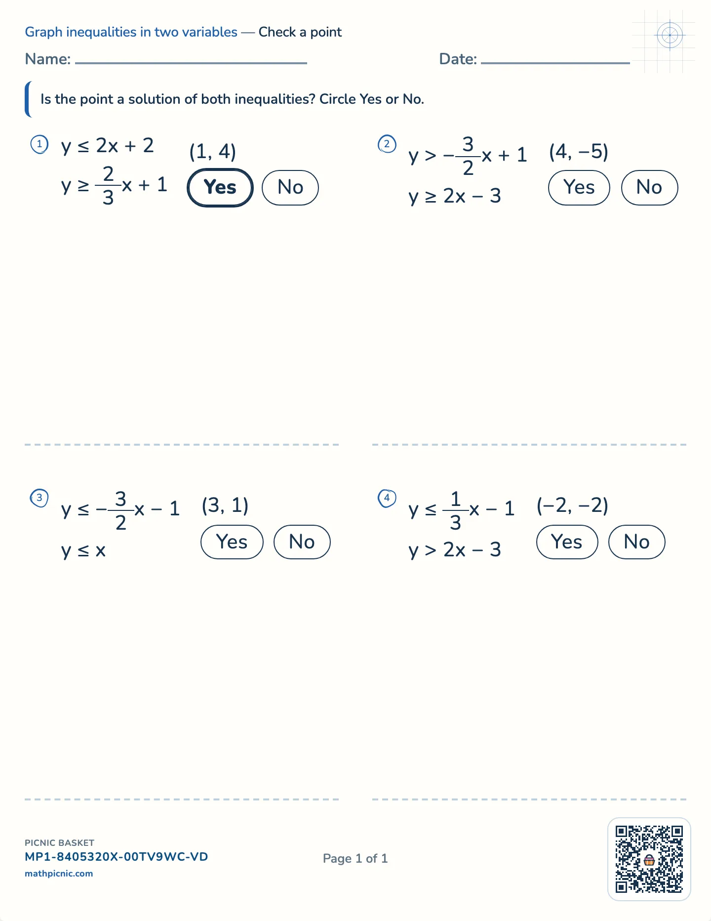 Is the point a solution? worksheet — Two inequalities, one point, free printable with answer key