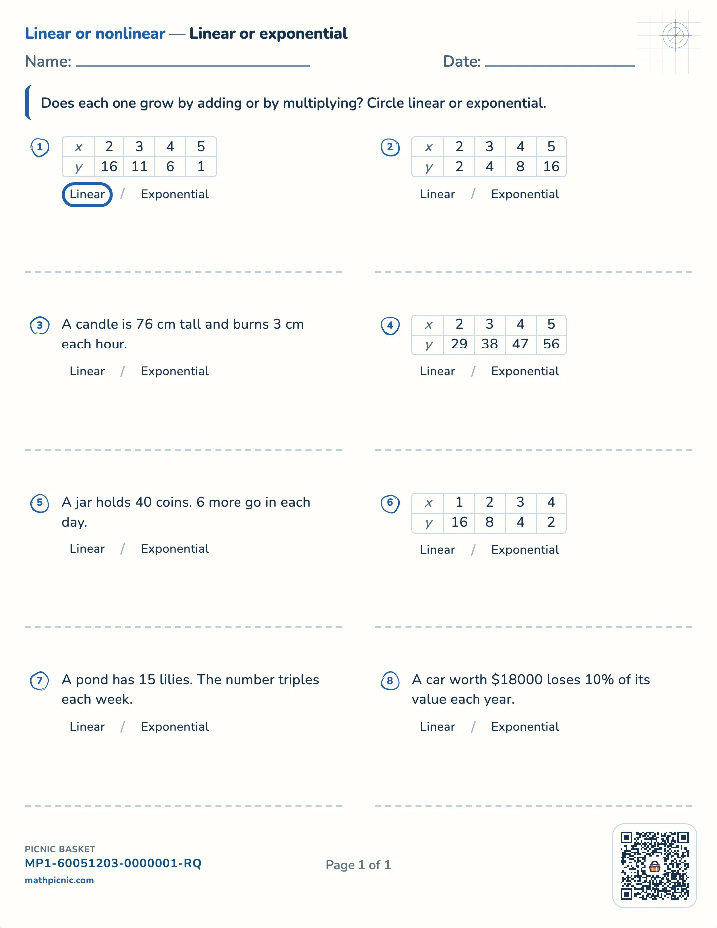 Linear or exponential worksheet — Tables and situations, free printable with answer key