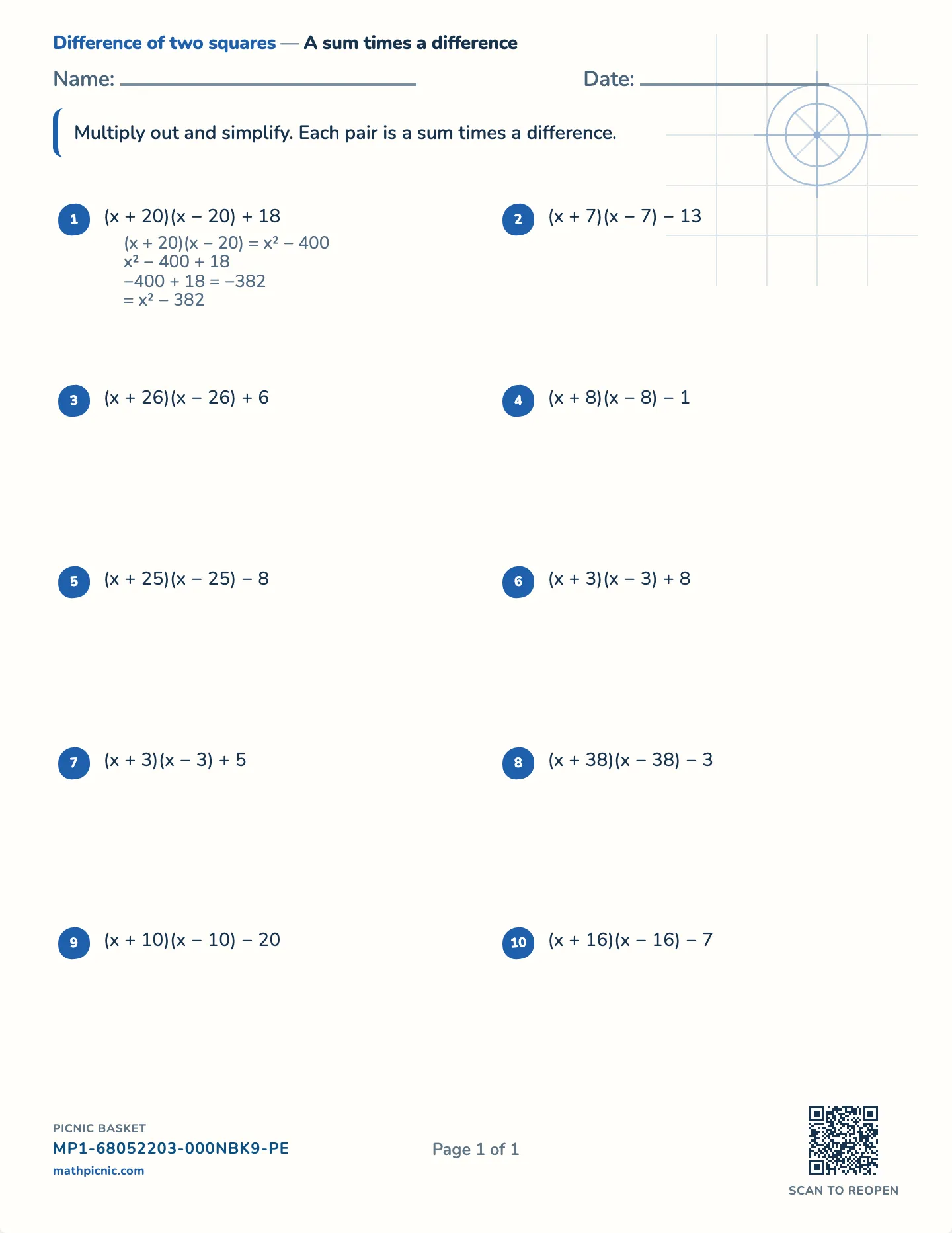 Multiply a sum by a difference worksheet — (x + k)(x − k) ± c, free printable with answer key