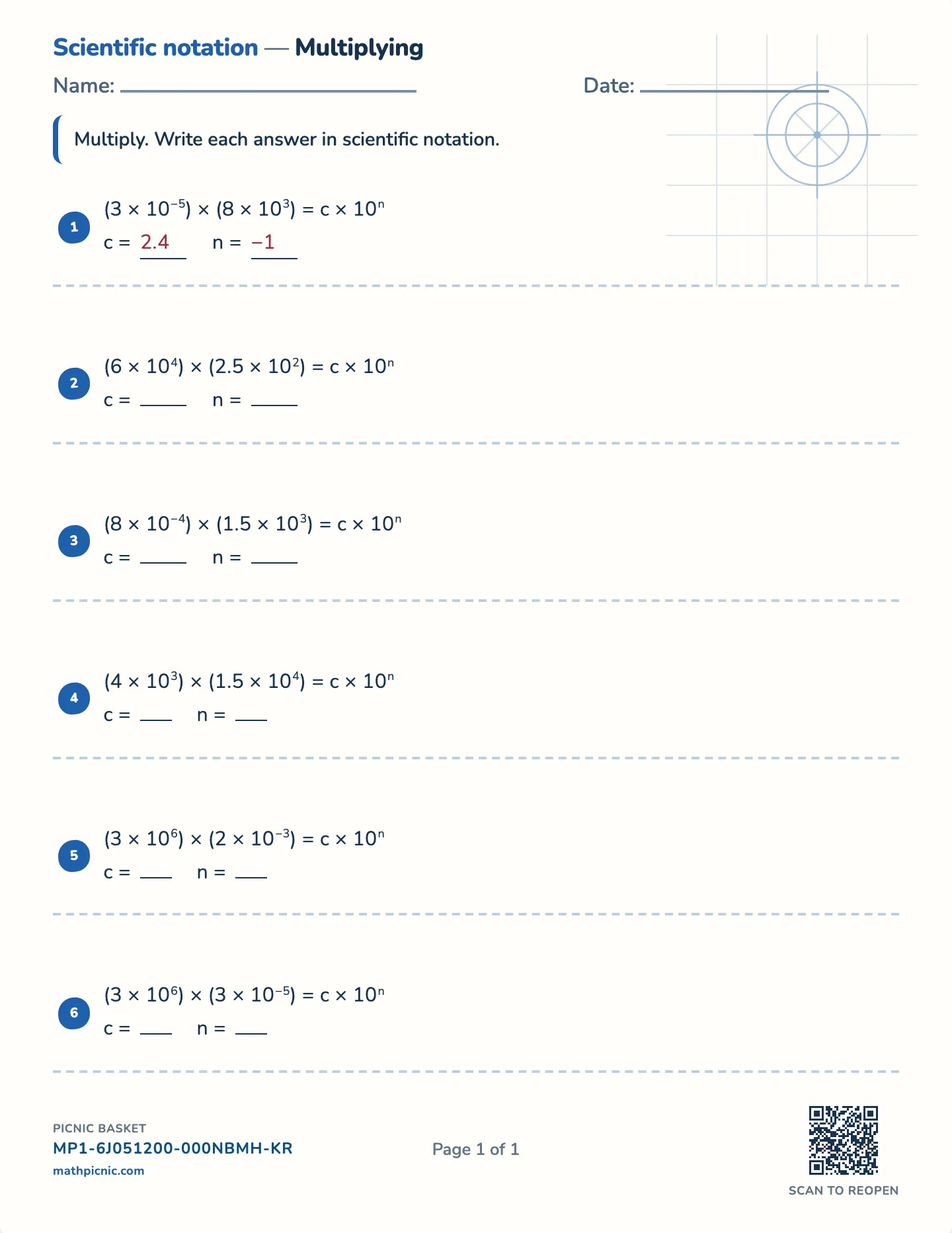 Multiplying in scientific notation worksheet — Powers 10⁻⁵ to 10⁸, free printable with answer key