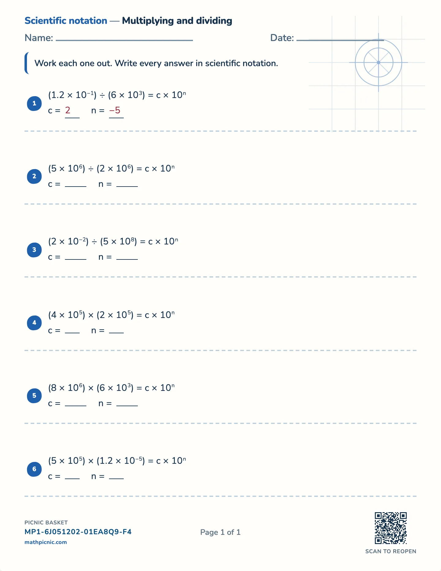 Multiplying and dividing in scientific notation worksheet — free printable with answer key