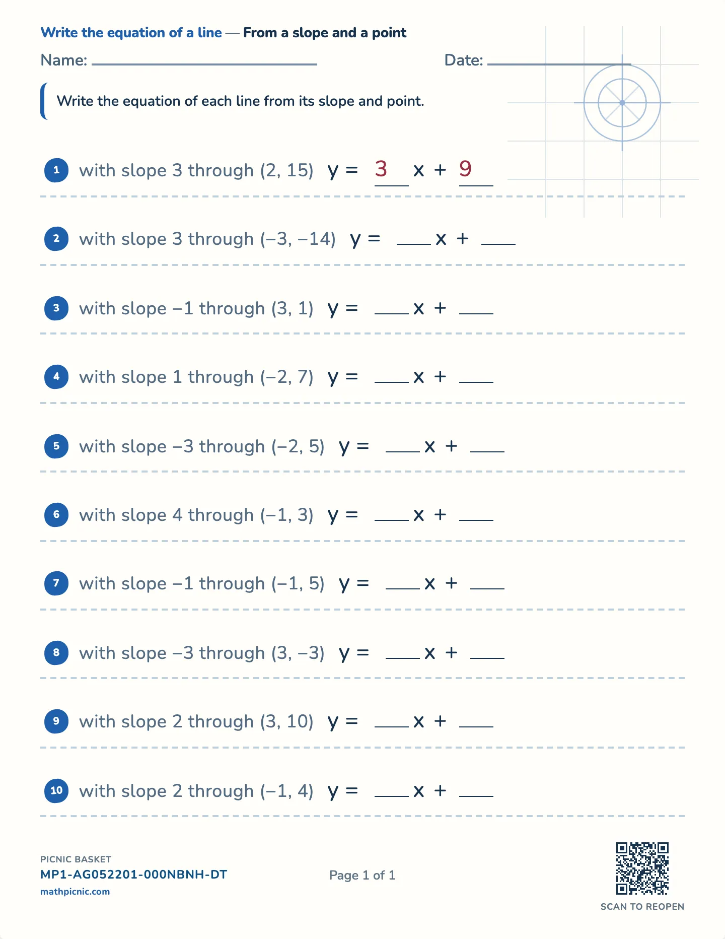 Point-slope equation of a line worksheet — Slope and a point, whole answers, free printable with answer key