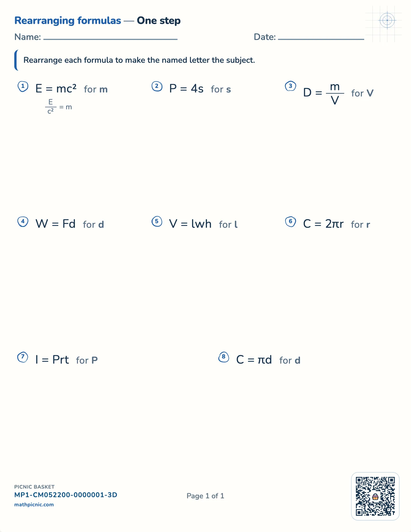 Rearranging formulas: one step worksheet — Real formulas, one step, free printable with answer key