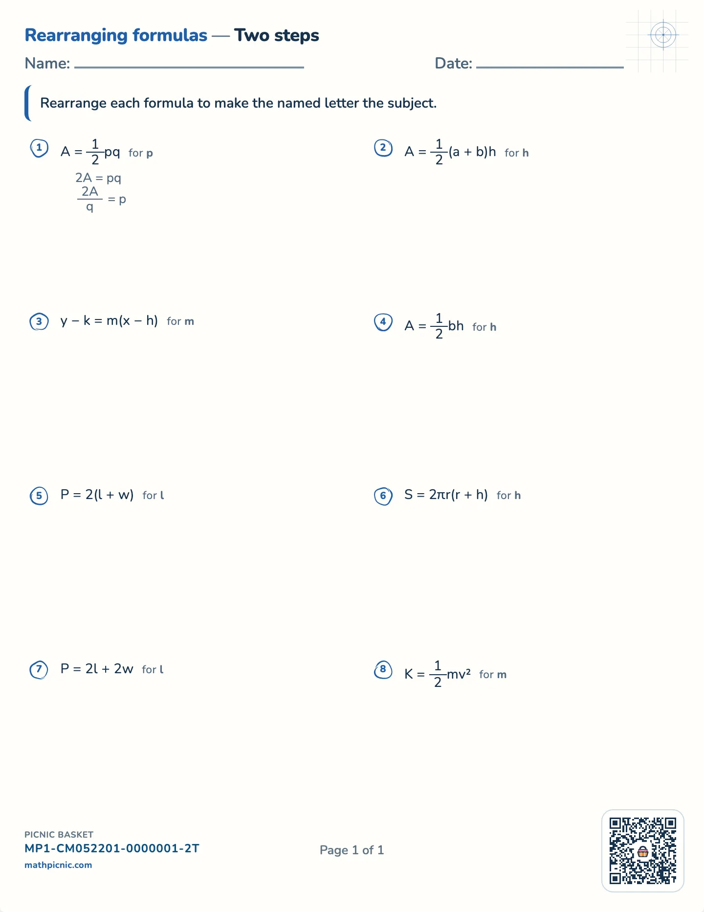 Rearranging formulas: two steps worksheet — Real formulas, two steps, free printable with answer key