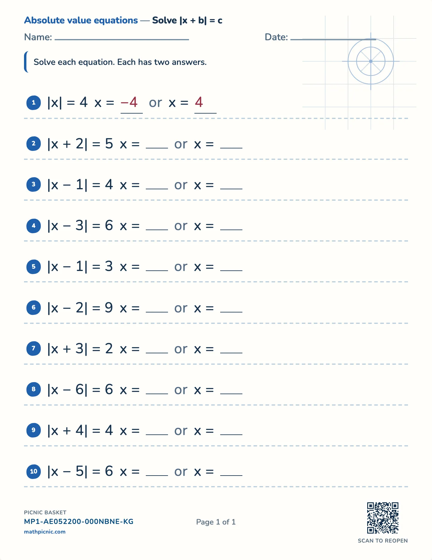 Solving absolute value equations worksheet — |x + b| = c, whole answers, free printable with answer key