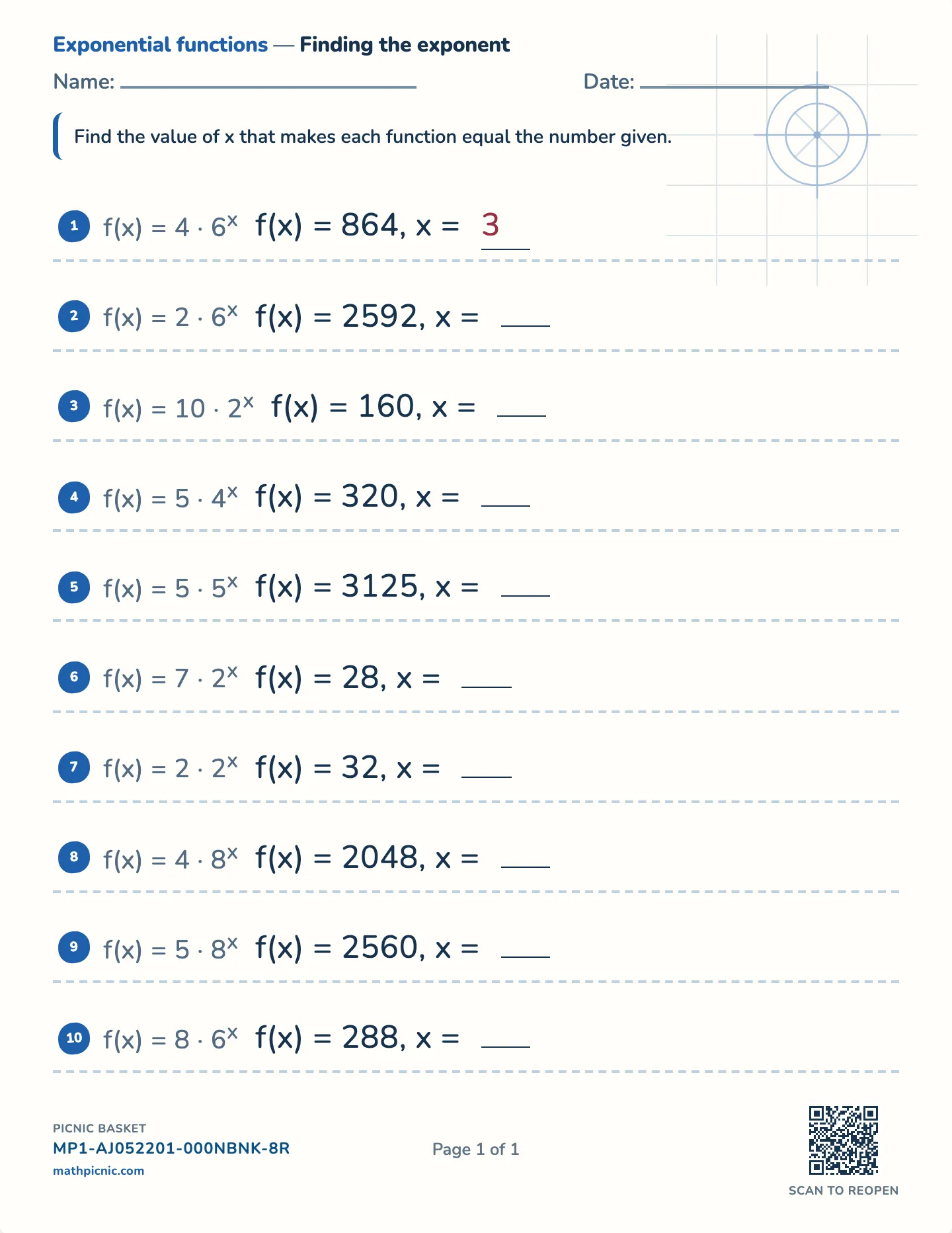 Solving exponential equations worksheet — a·bˣ = y, whole exponent, free printable with answer key