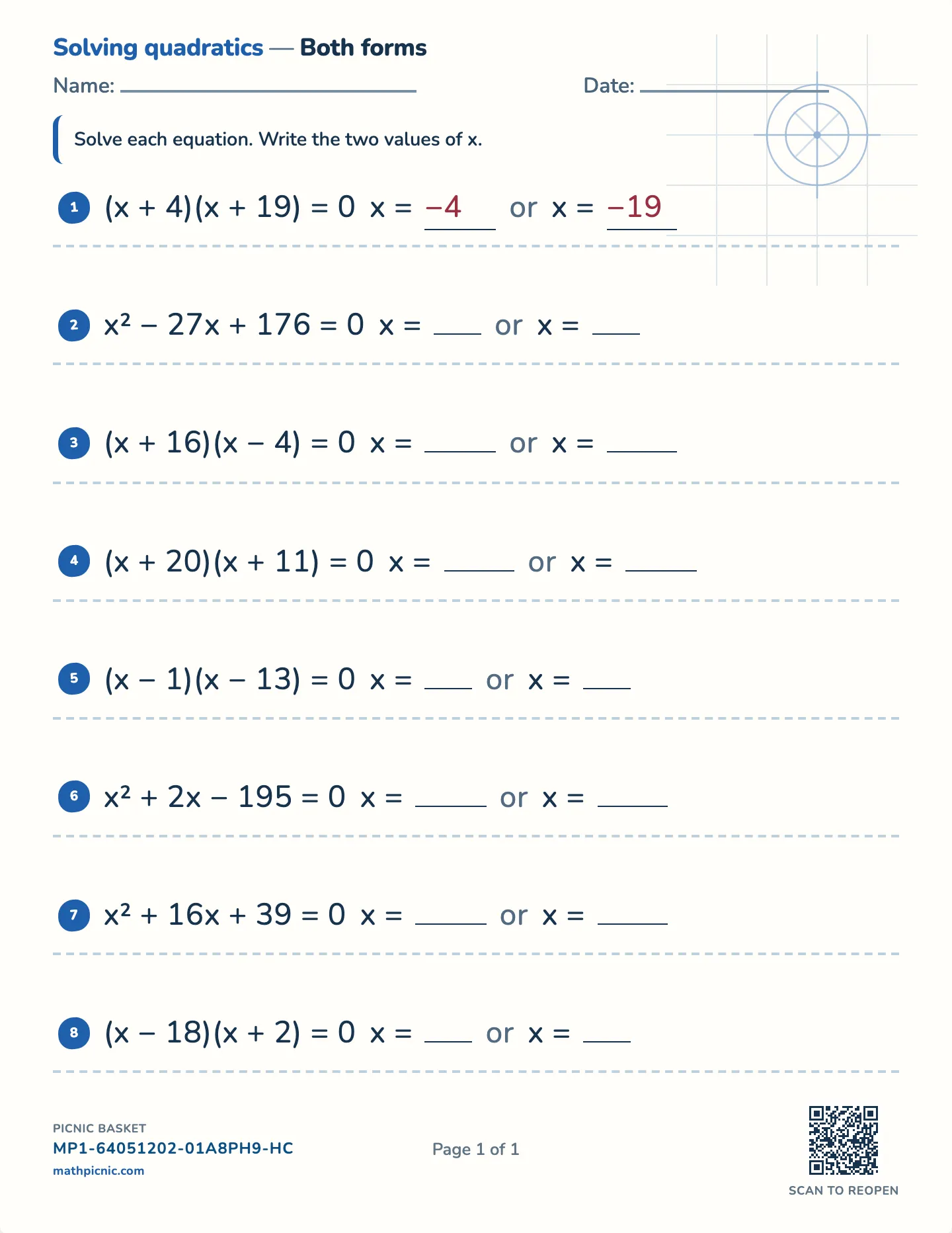 Solving x² + bx + c = 0 worksheet — free printable with answer key