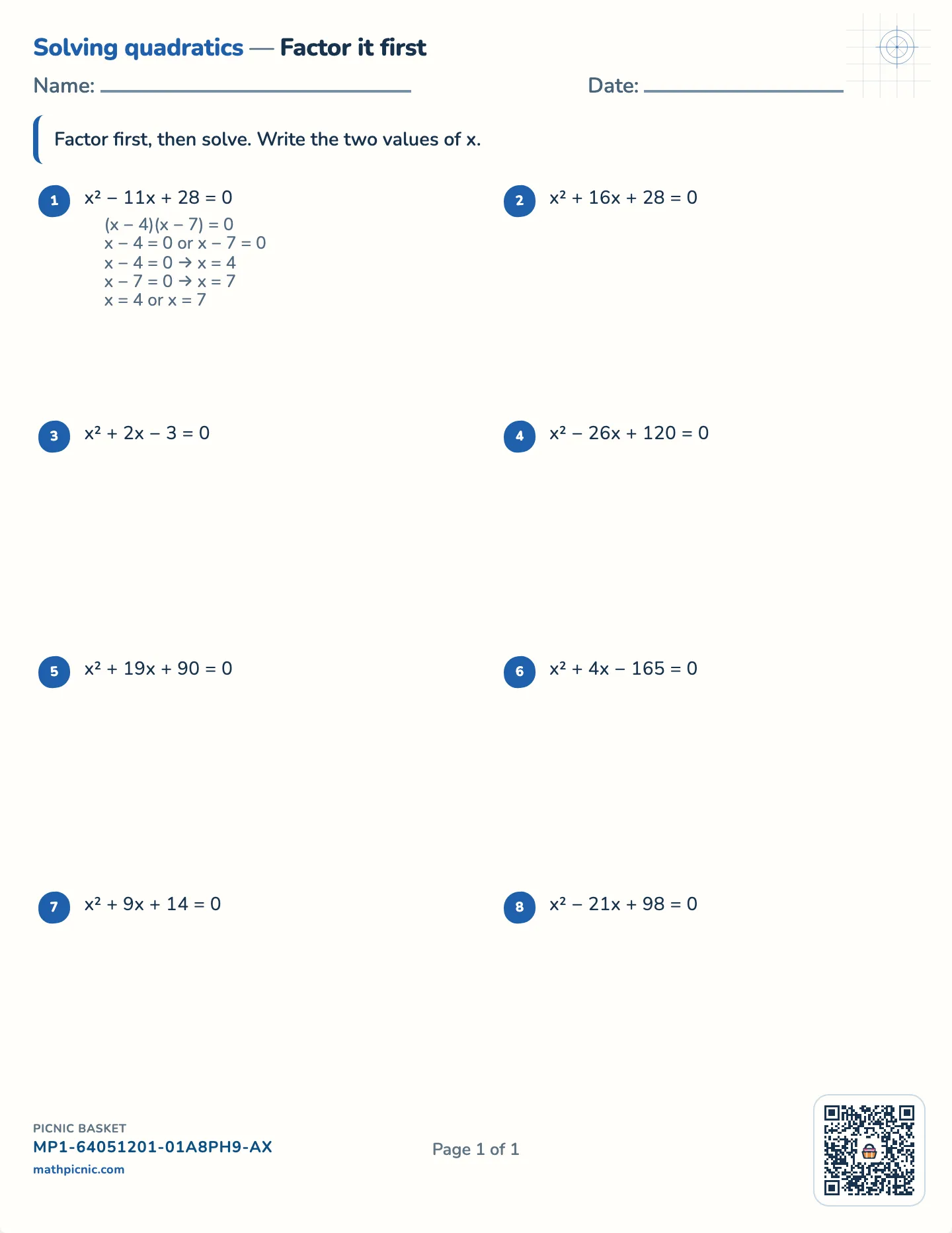 Solving quadratics by factoring worksheet — Factor first, roots to ±20, free printable with answer key