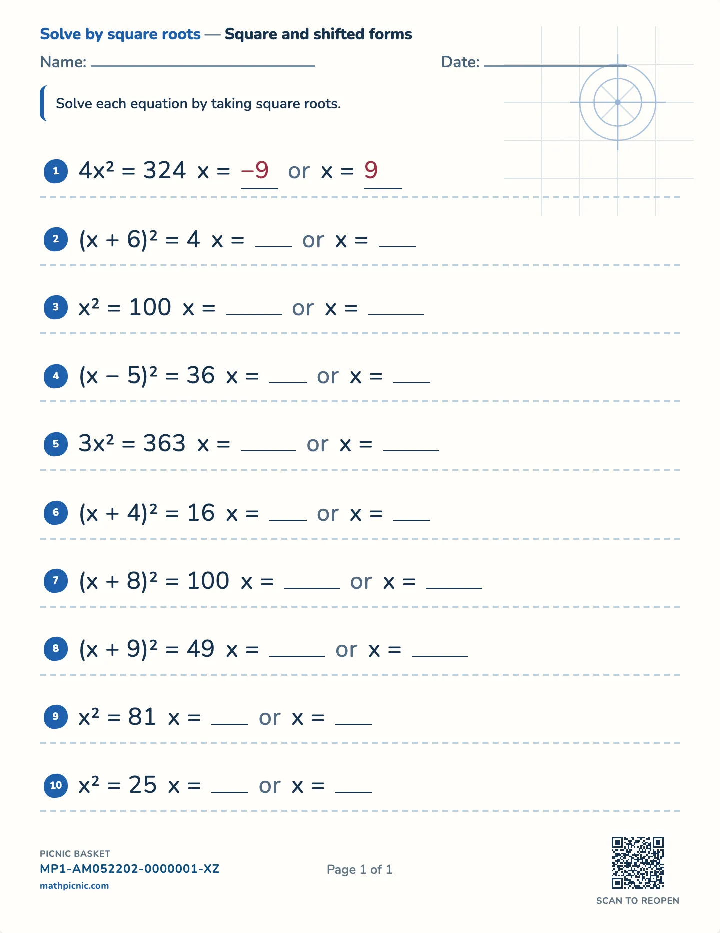 Solving quadratics by square roots worksheet — free printable with answer key