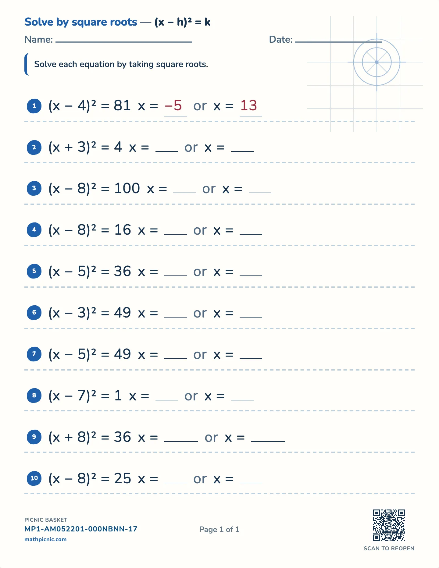 Solving (x − h)² = k by square roots worksheet — (x − h)² = k, whole answers, free printable with answer key