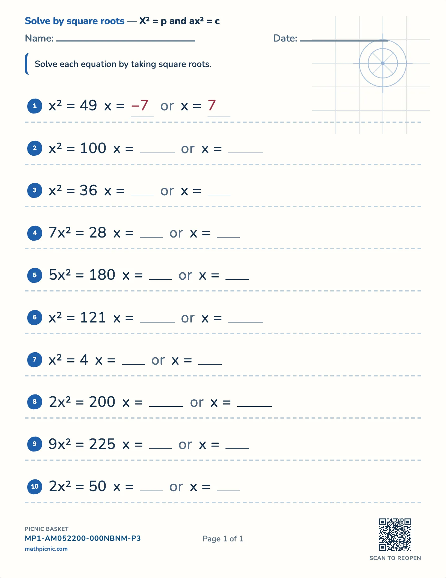 Solving x² = p by square roots worksheet — x² = p and ax² = c, free printable with answer key