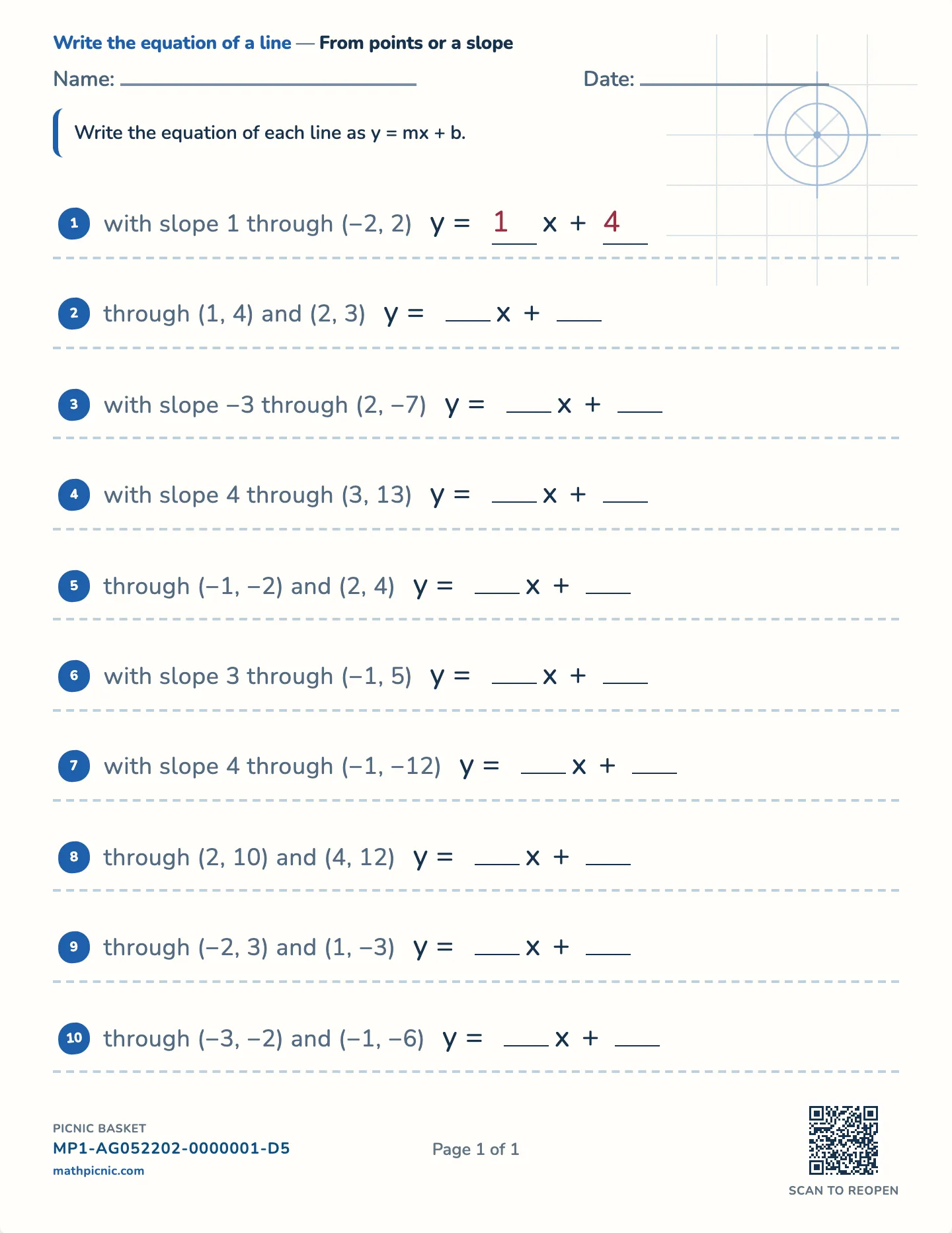 Writing linear equations worksheet — Two points or slope-point, whole answers, free printable with answer key