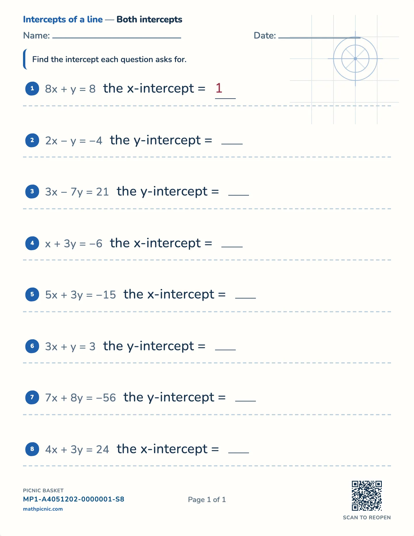 x- and y-intercepts of a line worksheet — Standard form, whole intercepts, free printable with answer key