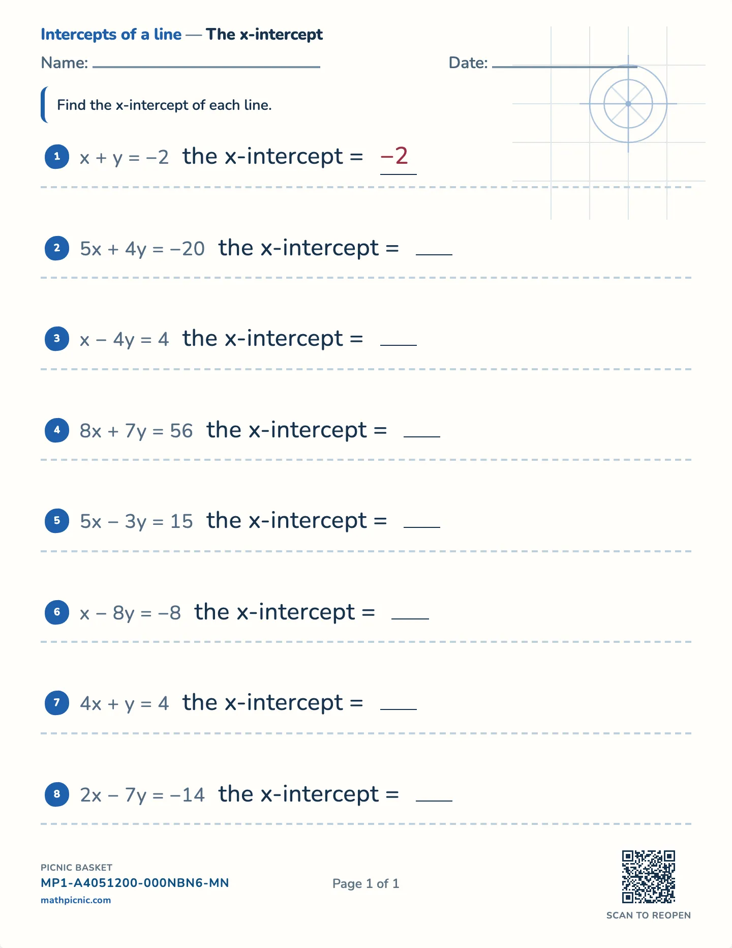 Finding the x-intercept worksheet — Standard form, whole intercepts, free printable with answer key