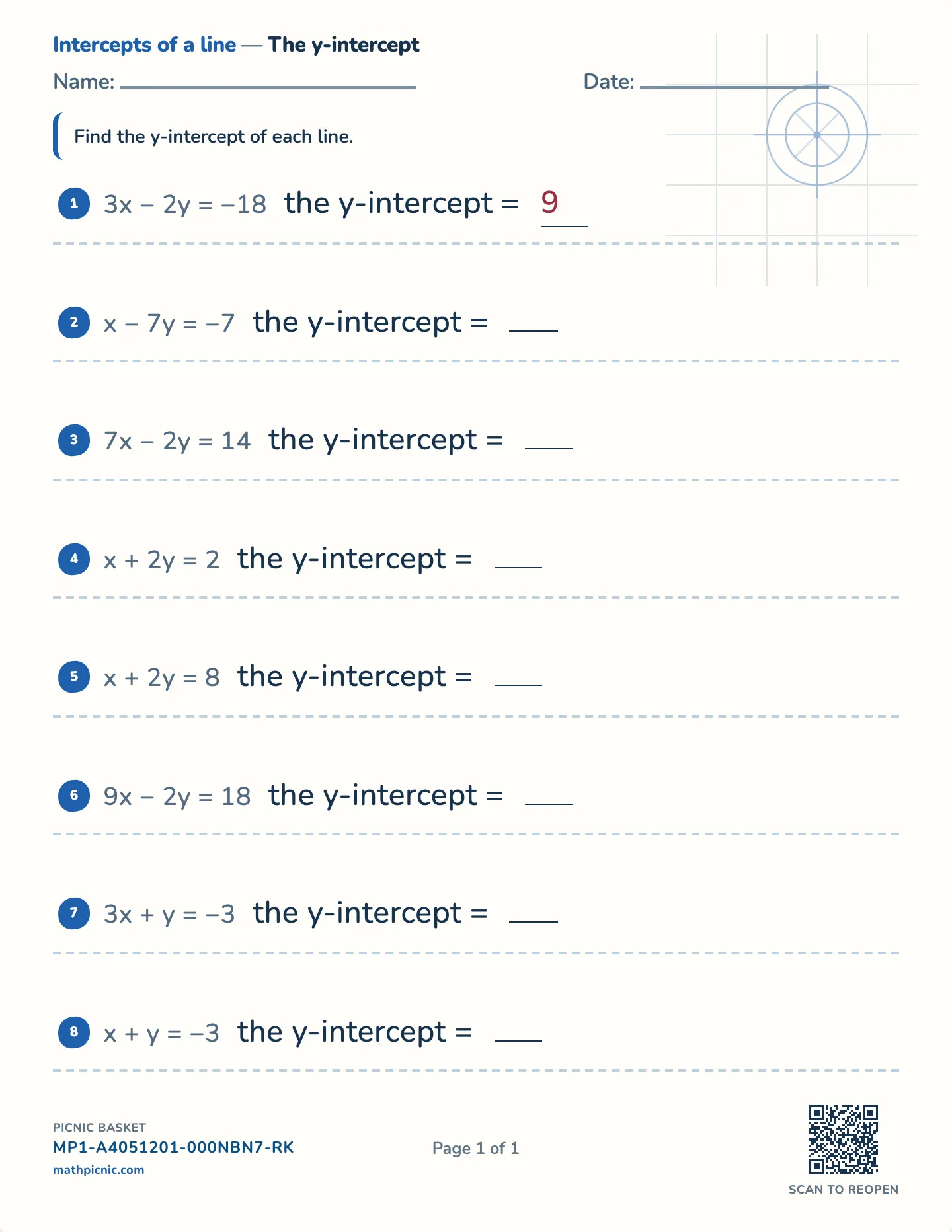 Finding the y-intercept worksheet — Standard form, whole intercepts, free printable with answer key