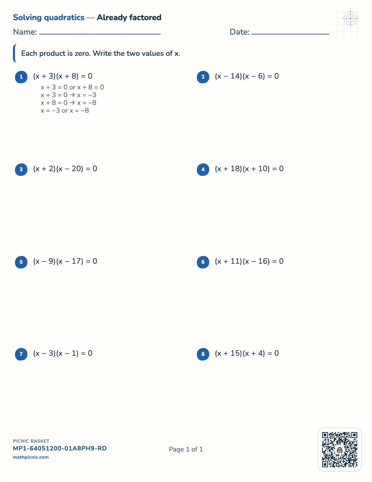 The zero product property worksheet — Already factored, roots to ±20, free printable with answer key