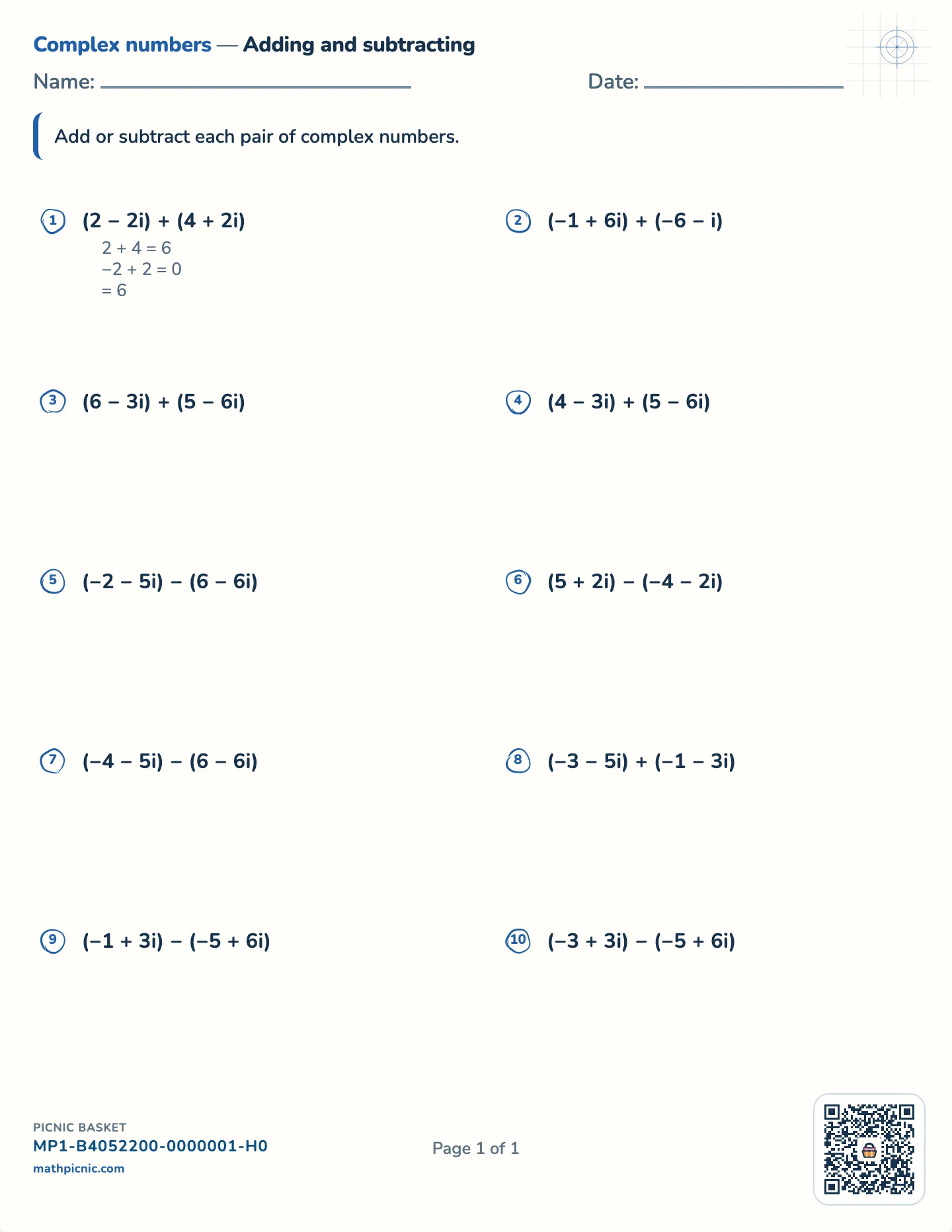 Adding and subtracting complex numbers worksheet — Whole parts from −6 to 6, free printable with answer key