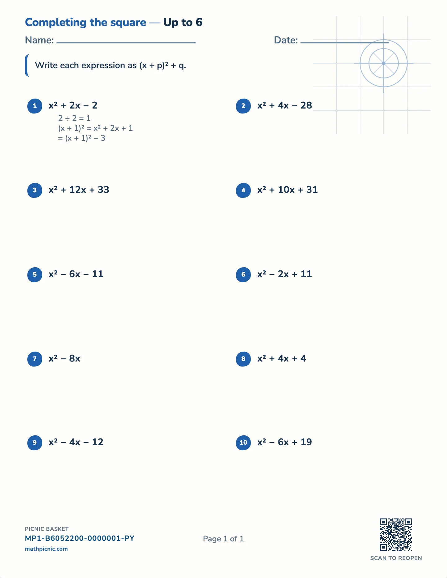 Completing the square worksheet — free printable with answer key