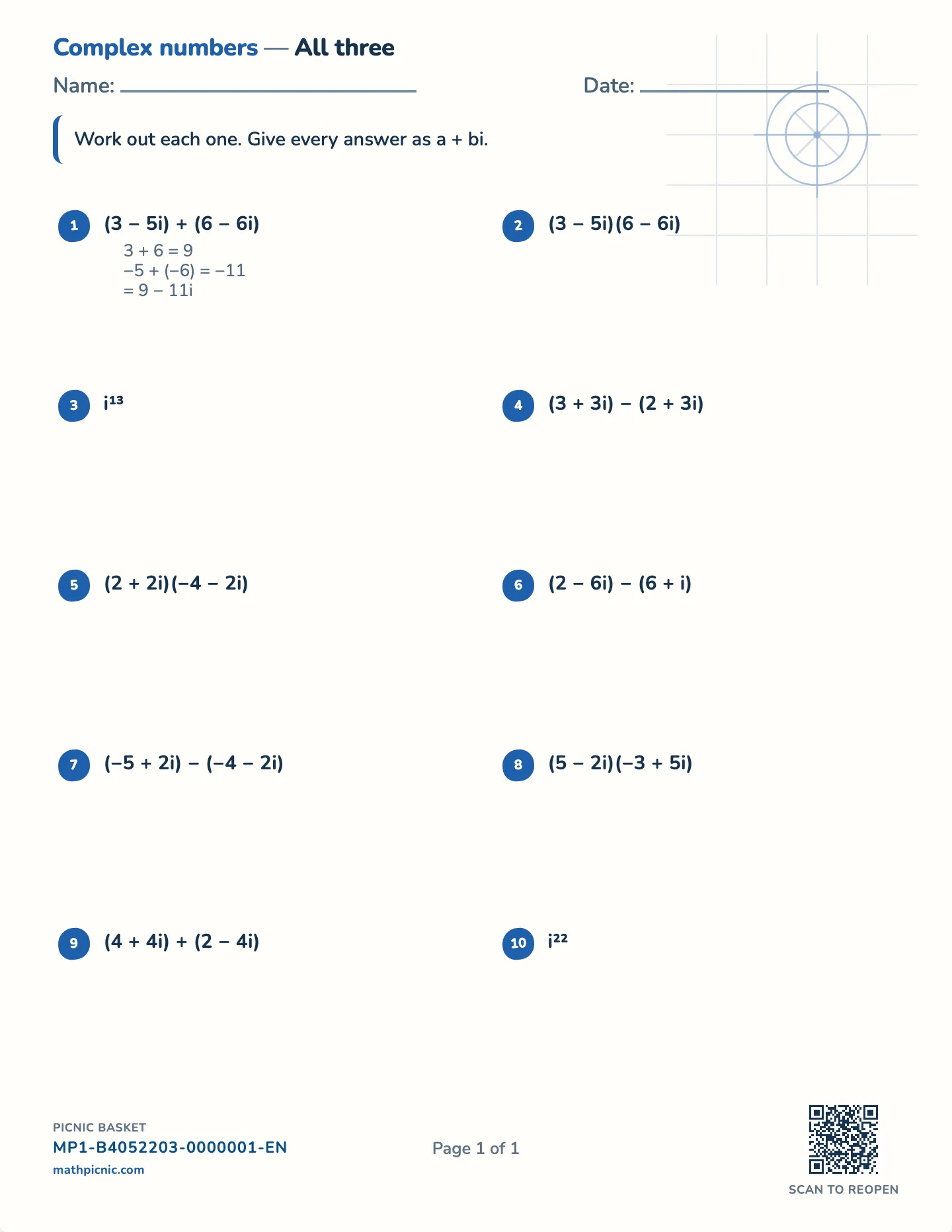 Complex numbers worksheet — free printable with answer key