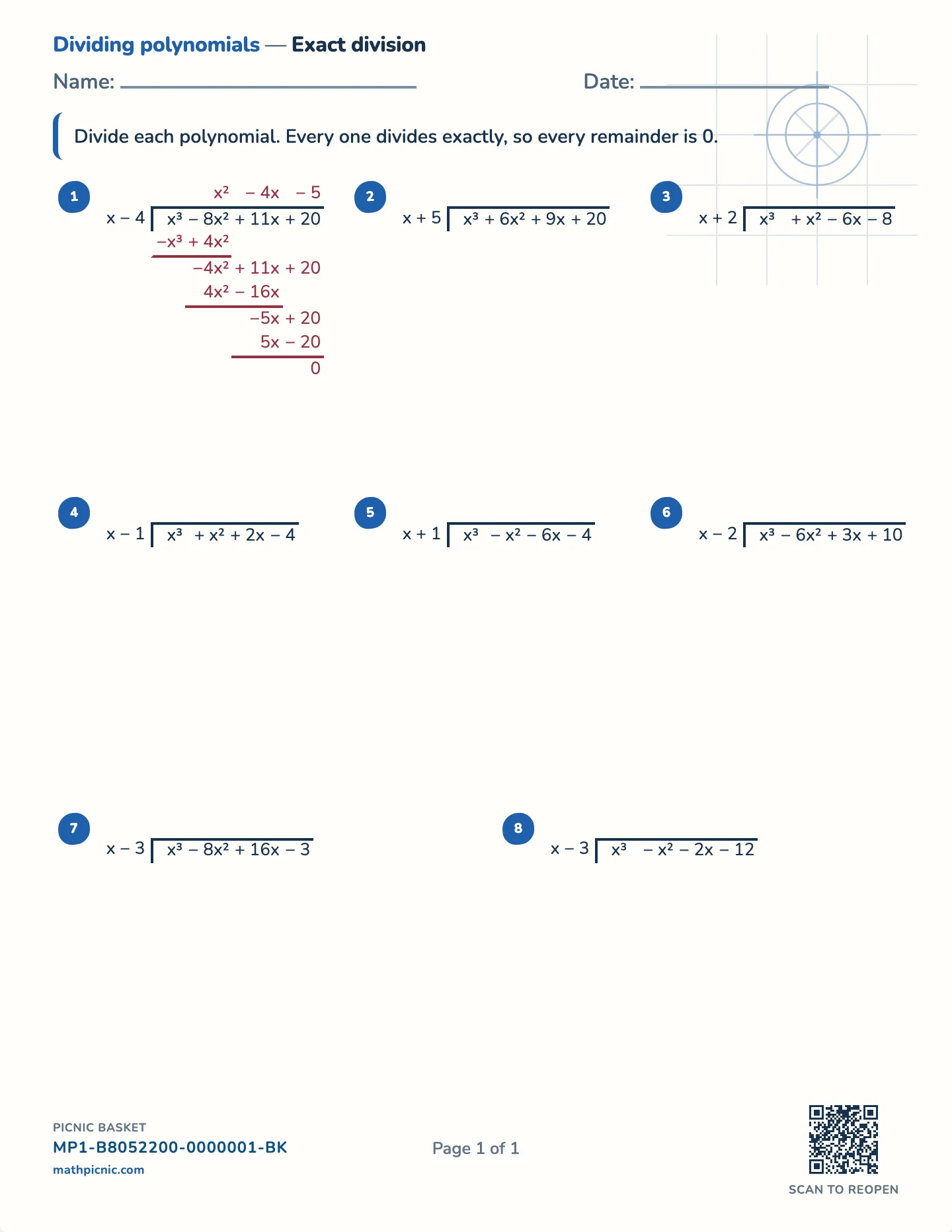 Dividing polynomials worksheet — free printable with answer key
