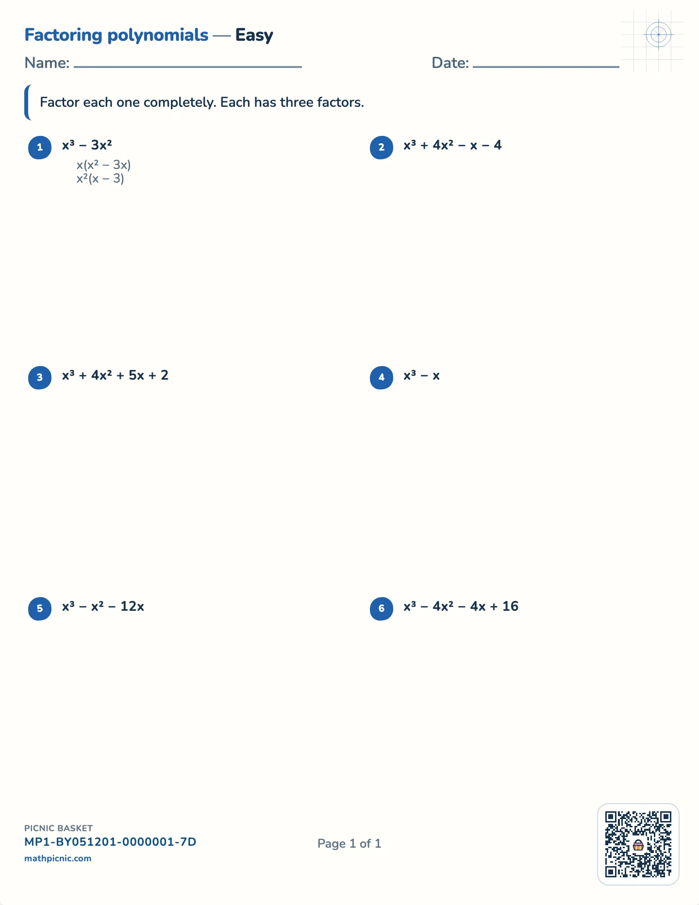 Factoring cubic polynomials worksheet — Monic cubics, whole roots, free printable with answer key