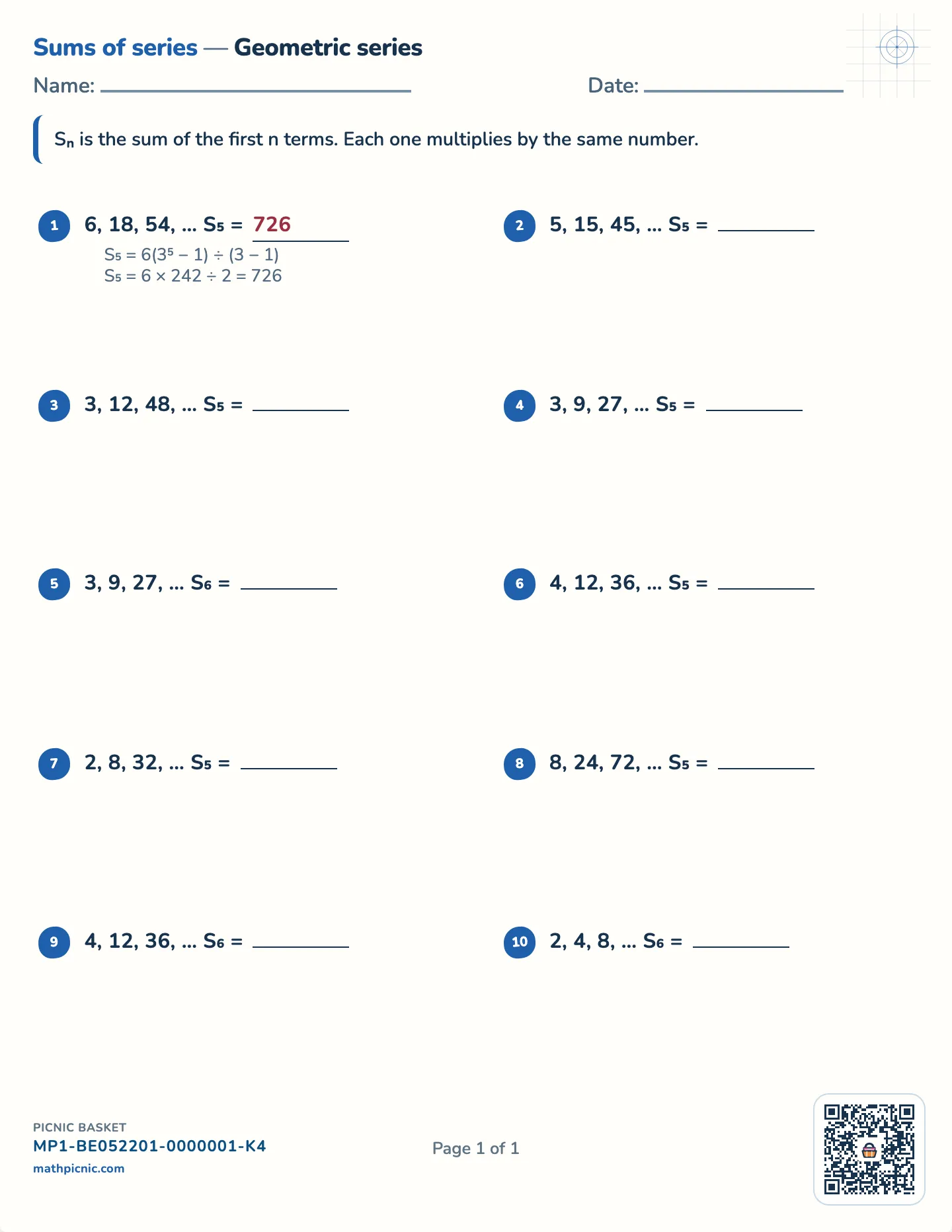 Geometric series worksheet — Ratios 2 to 4, S₅ and S₆, free printable with answer key