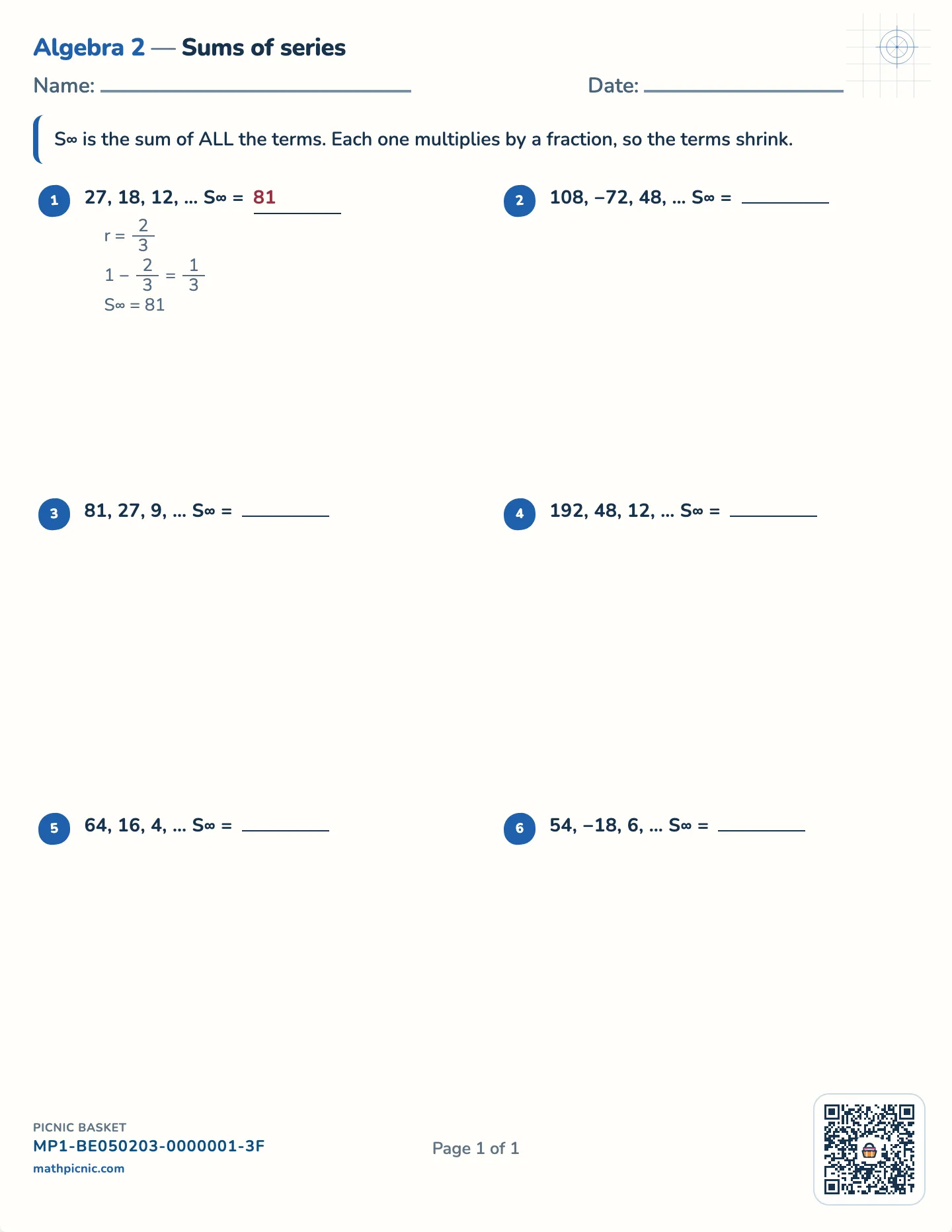 Infinite geometric series worksheet — Ratios between −1 and 1, exact sums, free printable with answer key