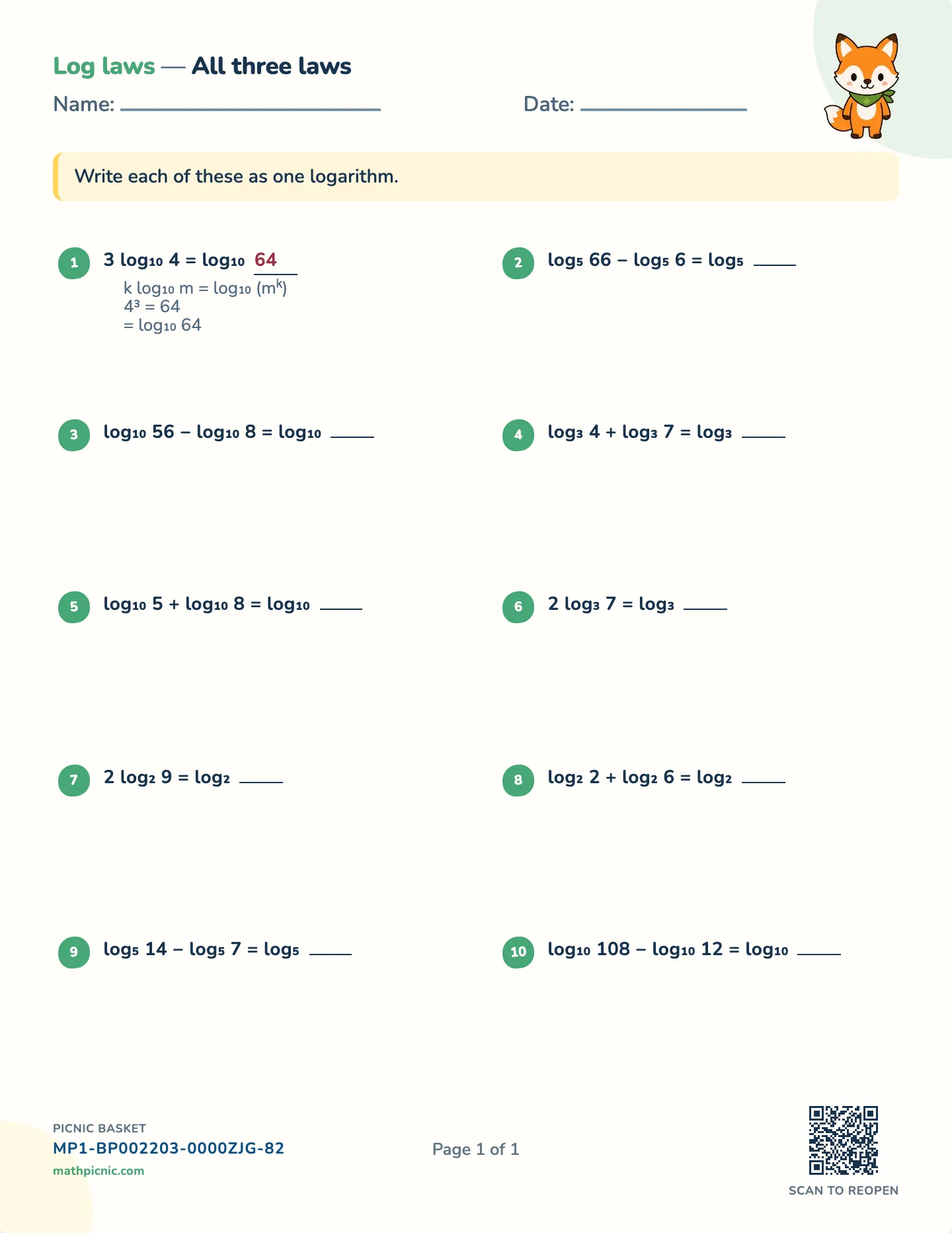Laws of logarithms worksheet — free printable with answer key