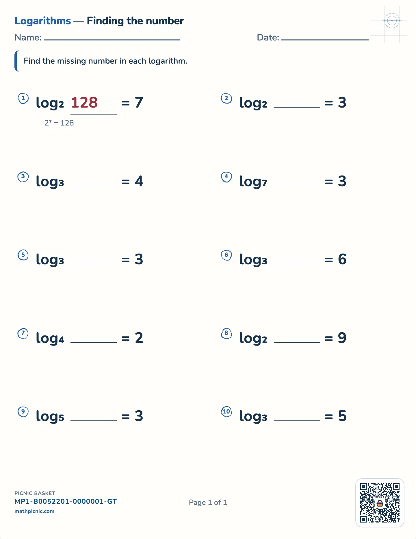Find the number in a logarithm worksheet — Whole powers, whole answers, free printable with answer key