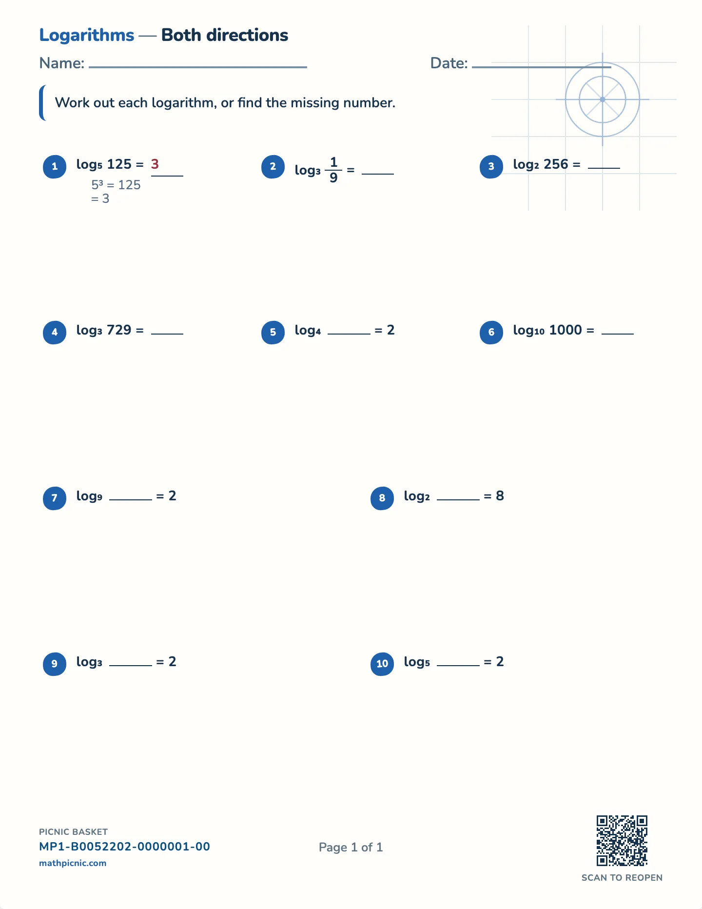 Logarithms worksheet — free printable with answer key