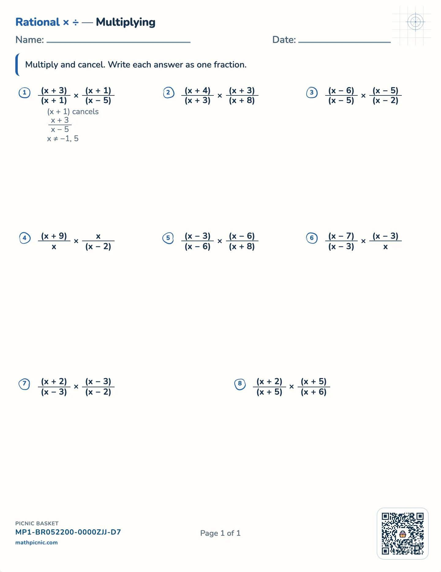 Multiplying rational expressions worksheet — Linear brackets, roots to 9, free printable with answer key