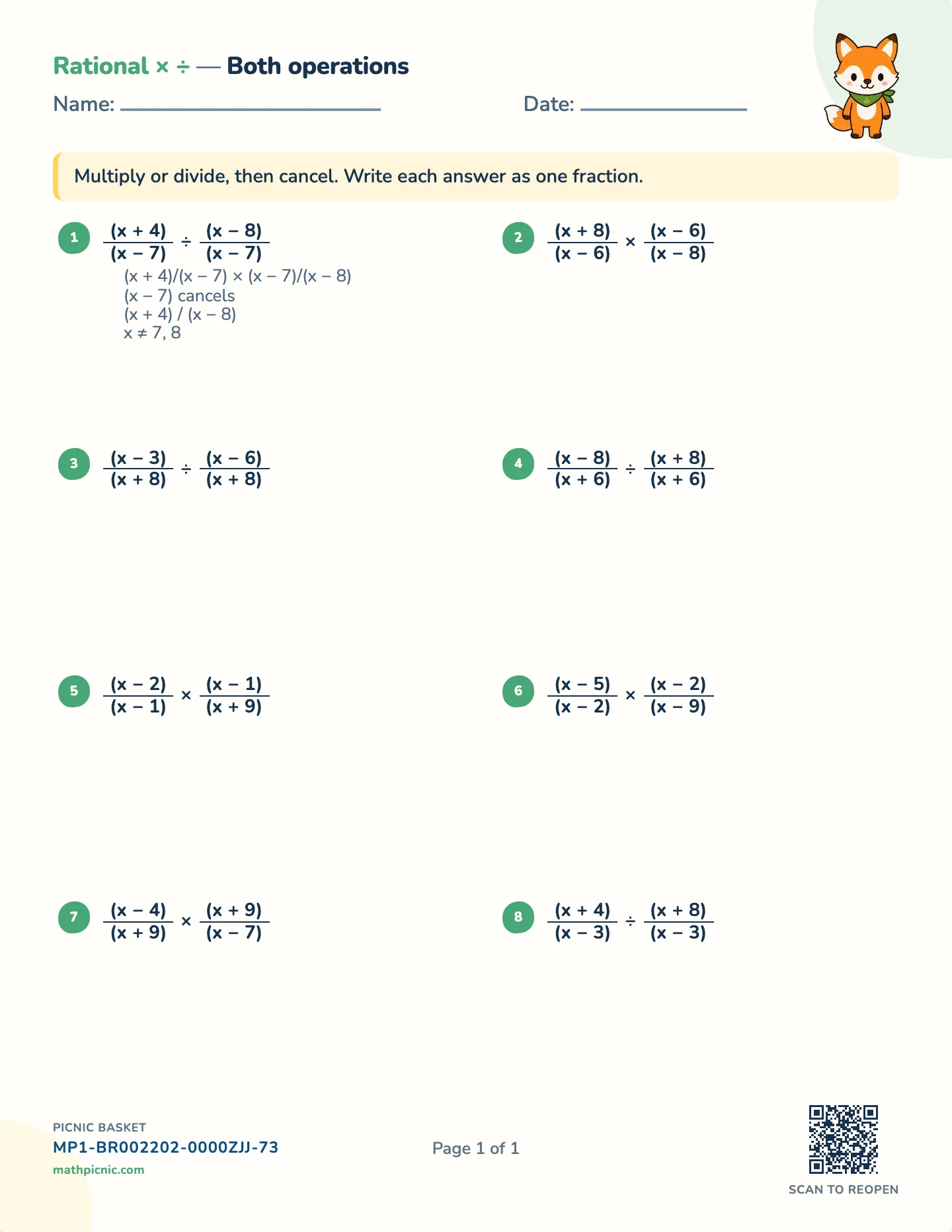 Multiplying and dividing rational expressions worksheet — Linear brackets, roots to 9, free printable with answer key