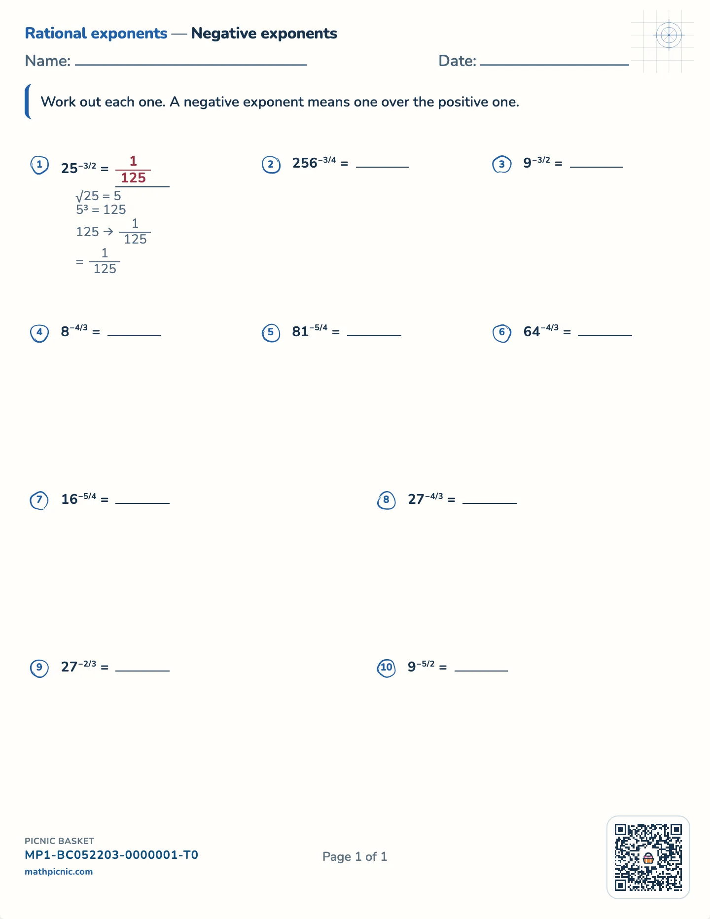 Negative rational exponents worksheet — Answers are unit fractions, free printable with answer key