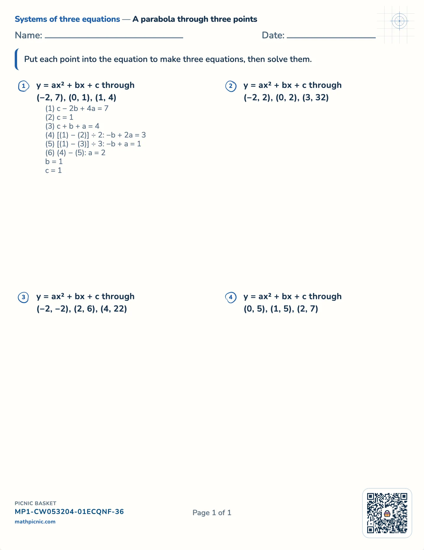 Parabola through three points worksheet — Whole a, b and c, free printable with answer key