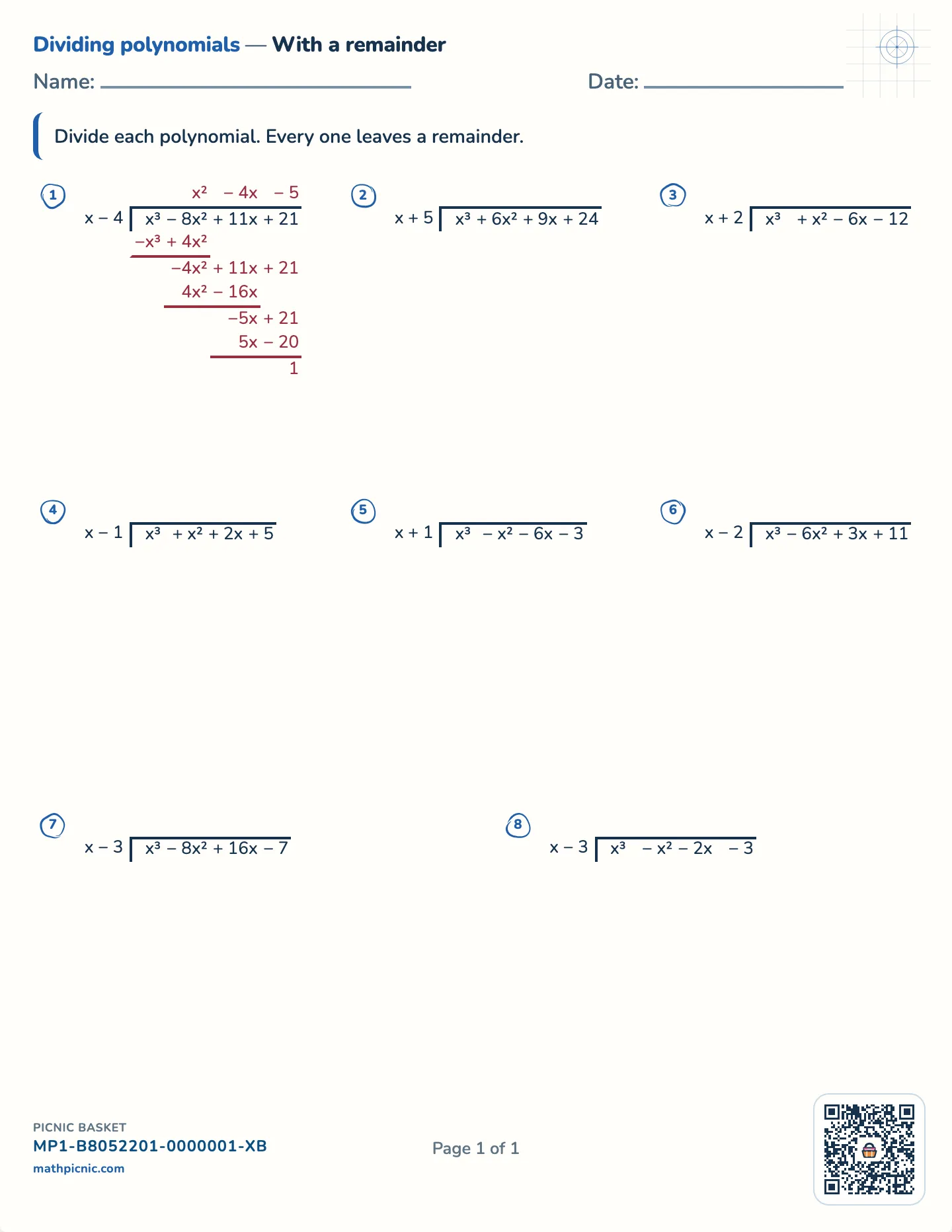 Polynomial division with remainders worksheet — Cubic ÷ linear, always a remainder, free printable with answer key