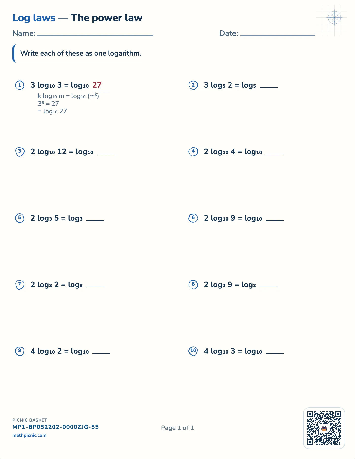 Power rule of logarithms worksheet — Bases 2–10, free printable with answer key