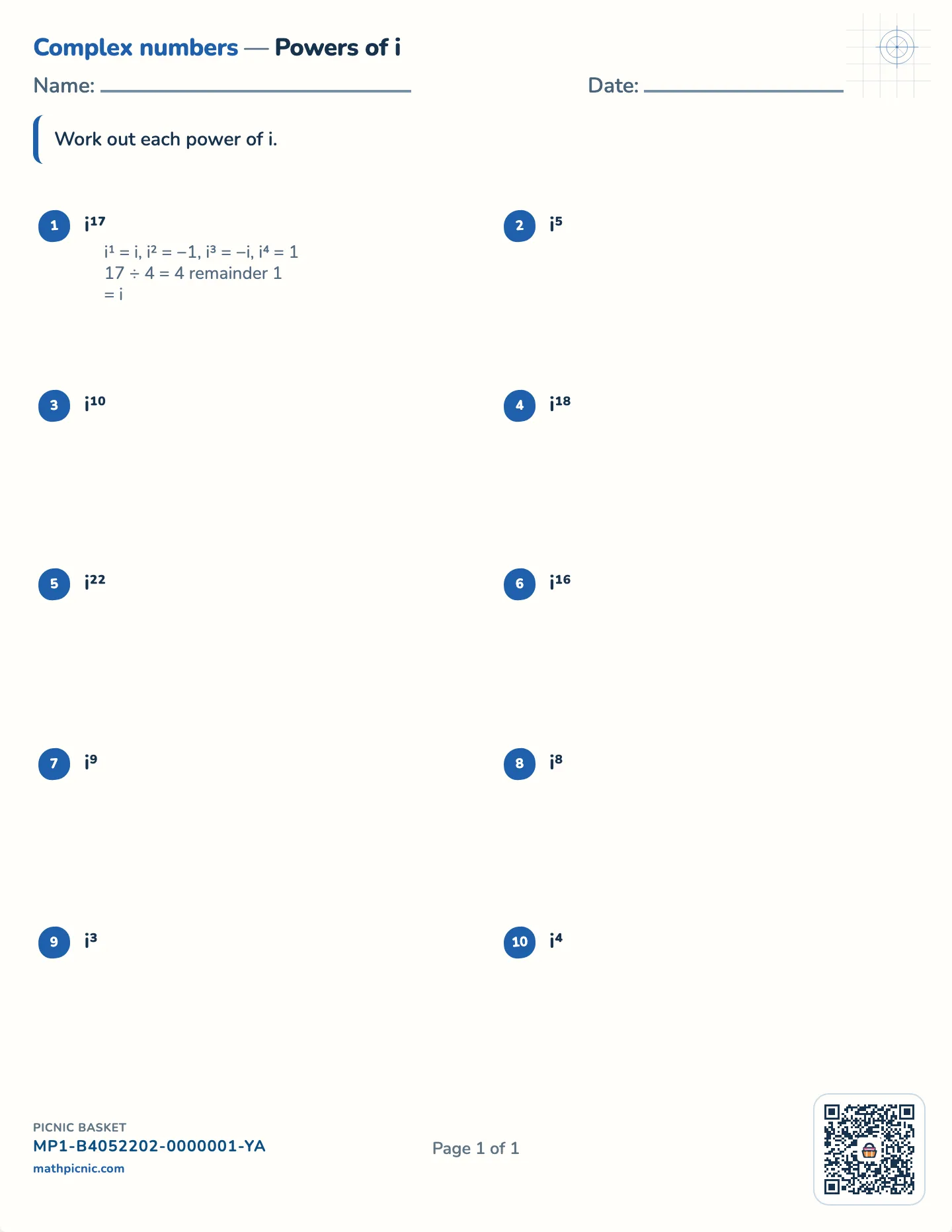 Powers of i worksheet — Exponents 2 to 23, free printable with answer key