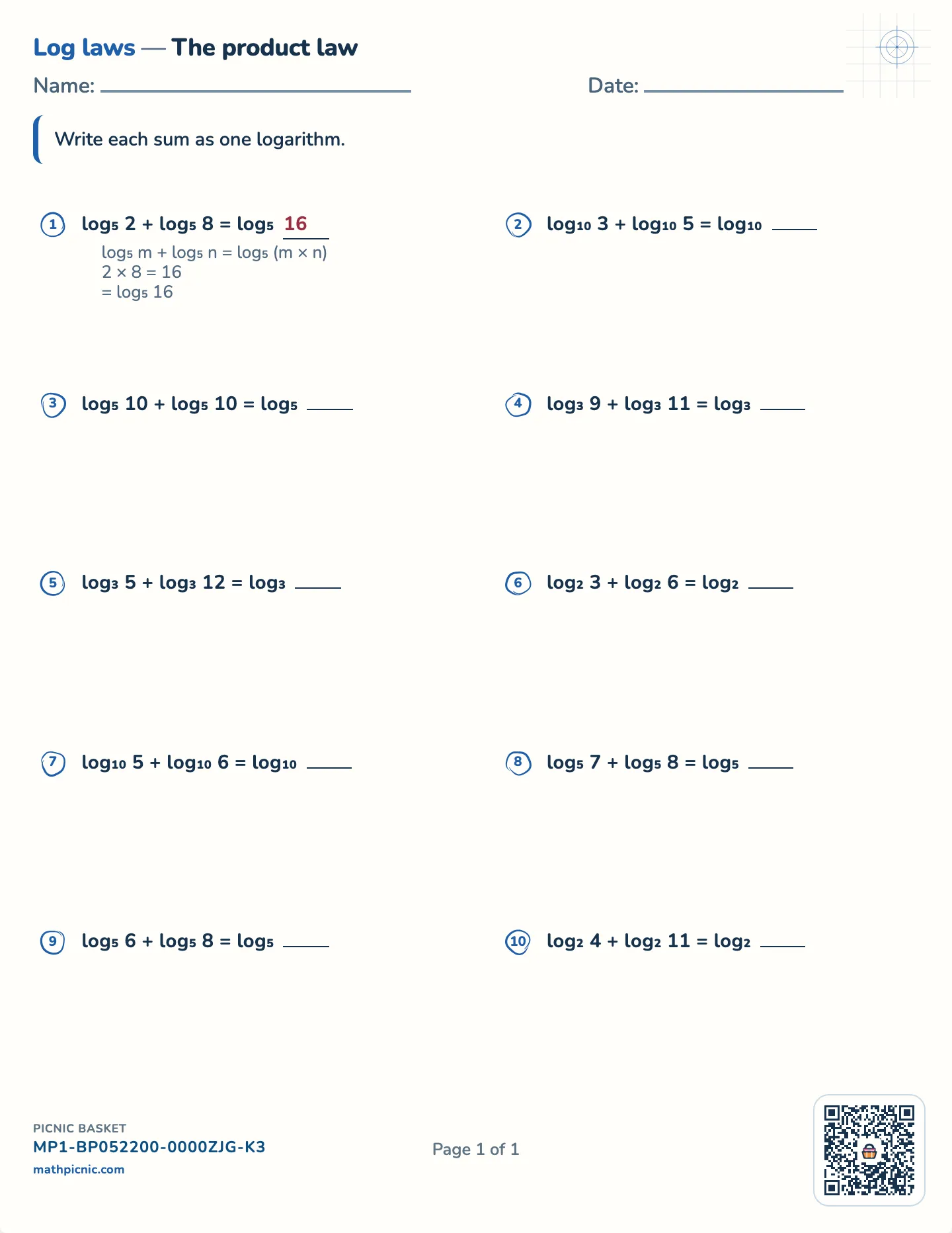 Product rule of logarithms worksheet — Bases 2–10, free printable with answer key